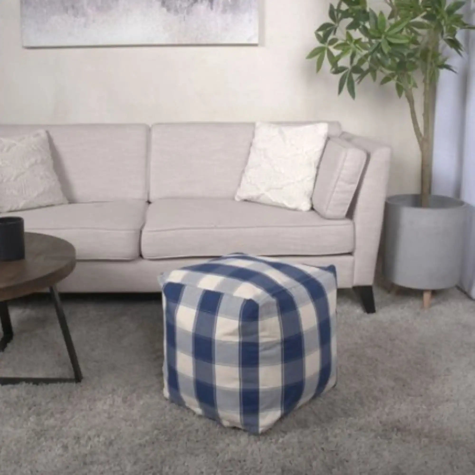 Connor Checkered Square Pouf Ottoman and Floor Cushion Ivory Navy
