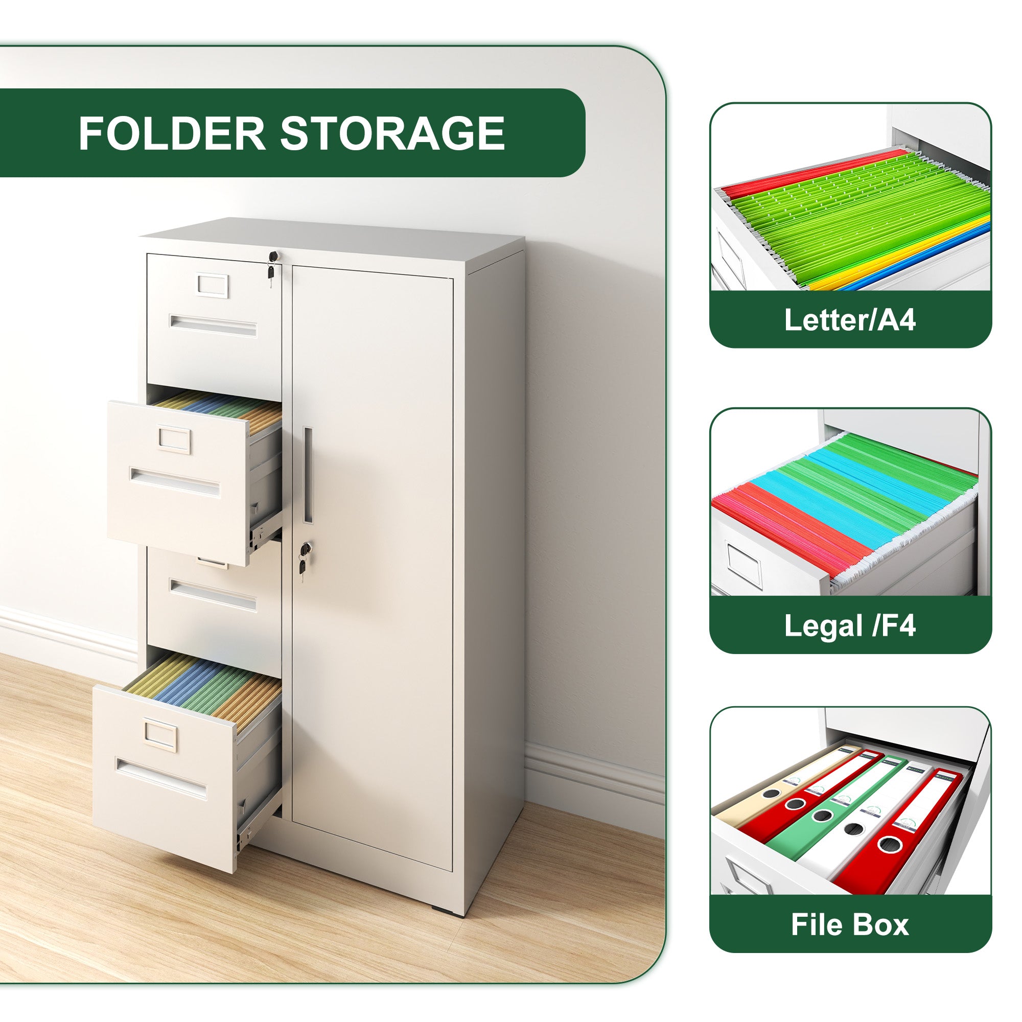 Metal Storage Vertical Filing Cabinet with Lock - White