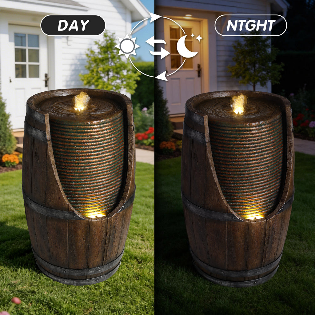 Outdoor Barrel Water Fountain with Lights