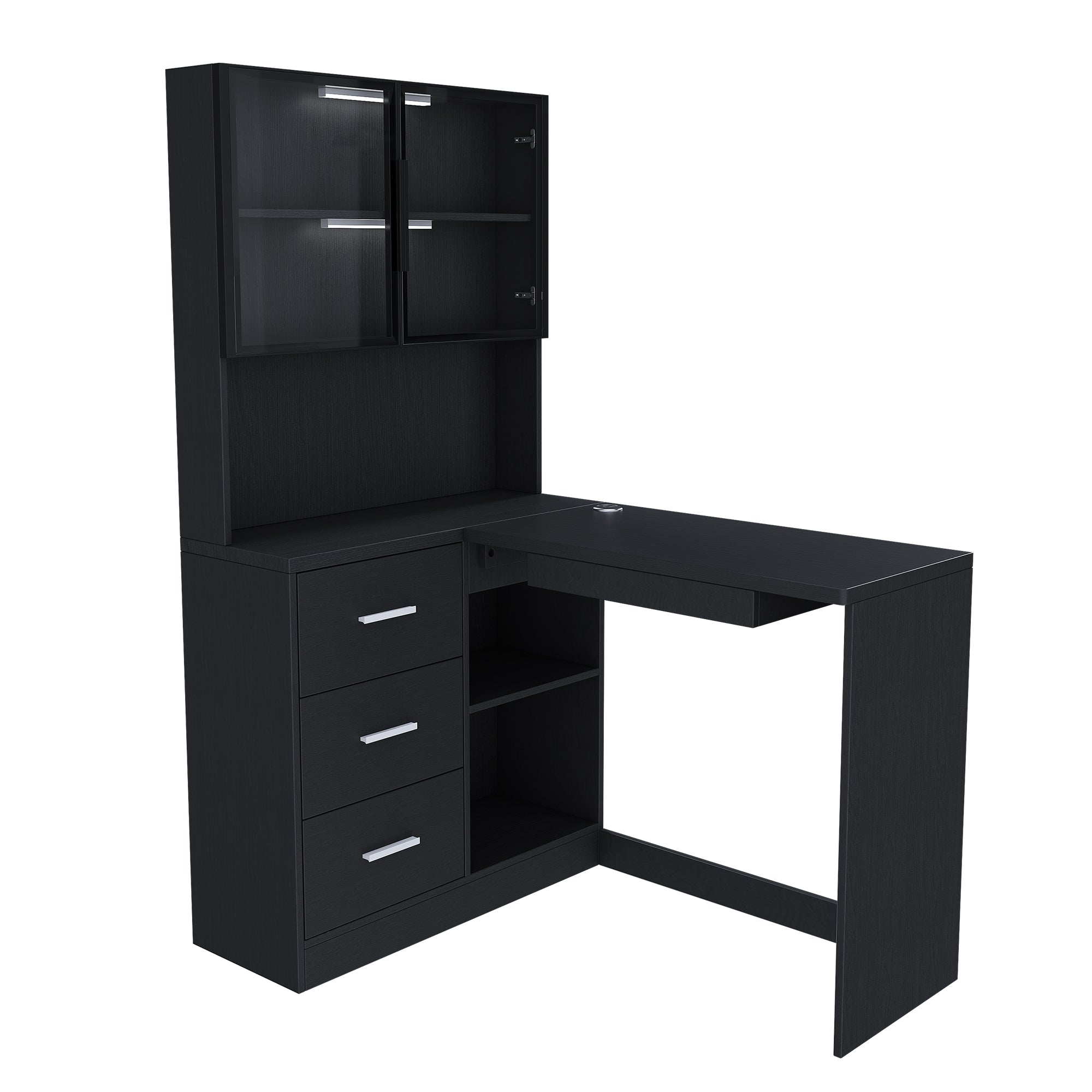 Computer Desk with Glass Cabinets & Built-In LED Lights