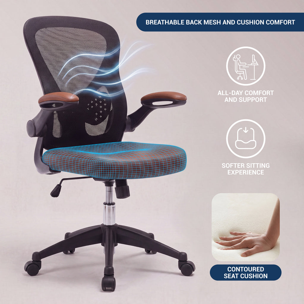 Techni Mobili Mid-Back Mesh Task Office Chair, Brown, Height Adjustable Arms