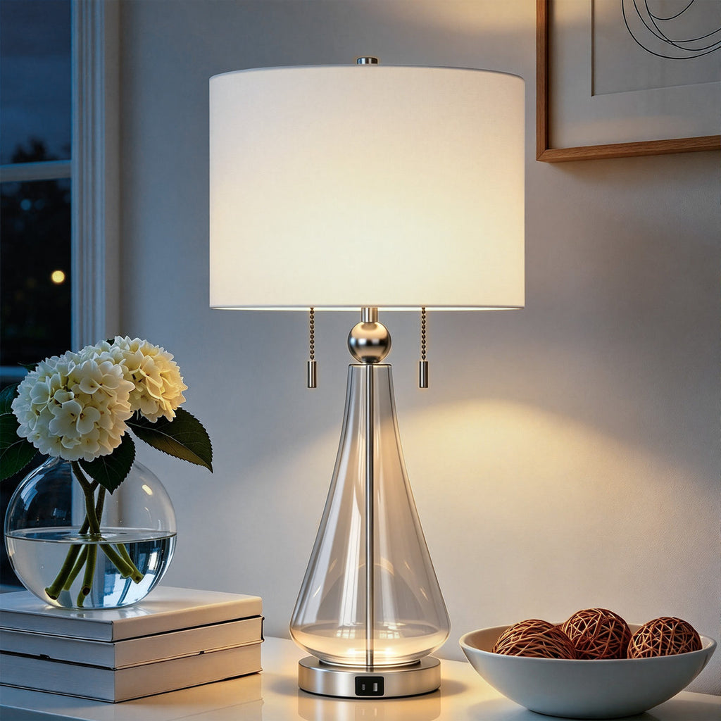 Modern Glam Glass Table Lamp, 28 Inches, USB Charging, Nickel