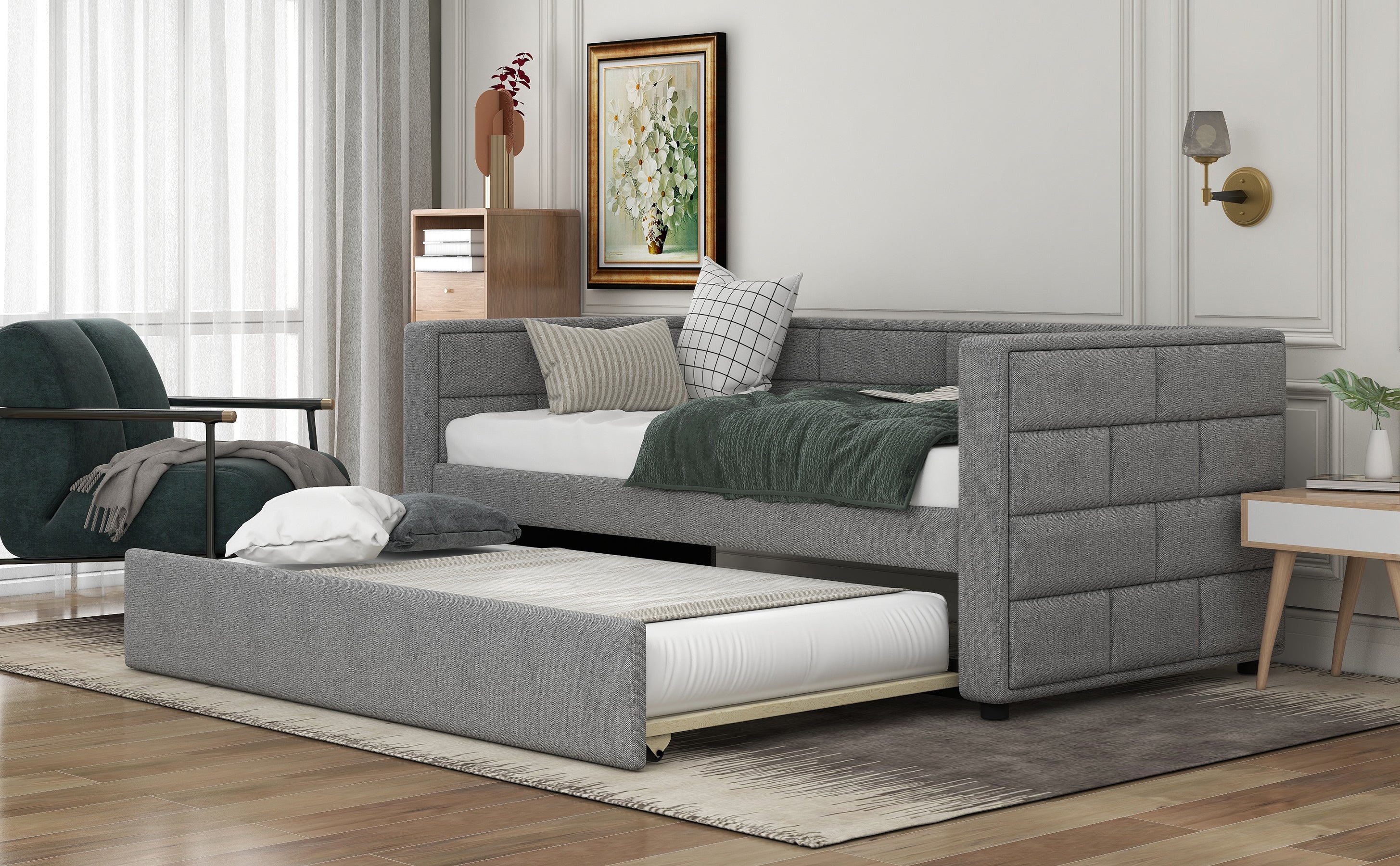 Twin Size Daybed with Trundle, Upholstered Daybed with Padded Back