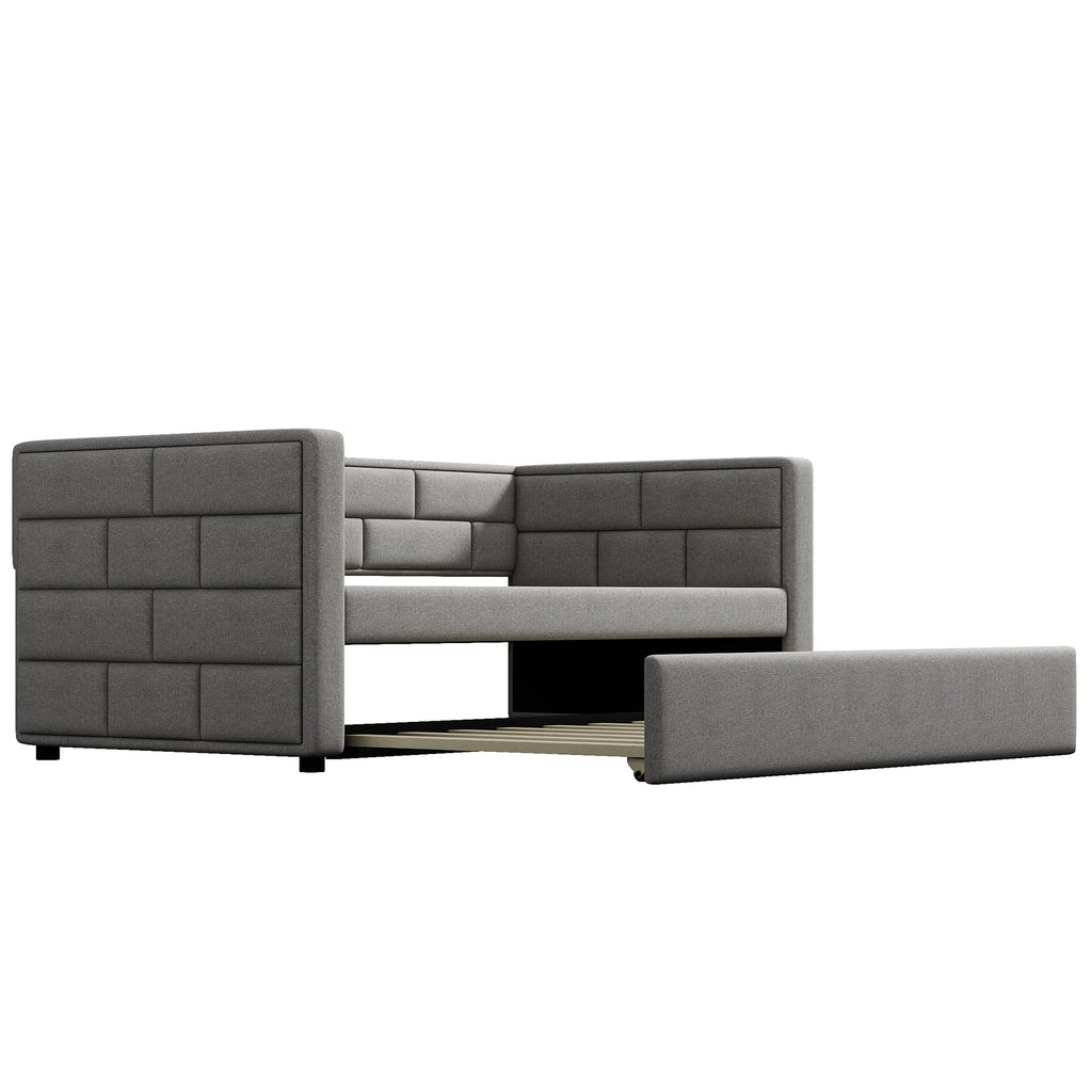 Twin Size Daybed with Trundle, Upholstered Daybed with Padded Back