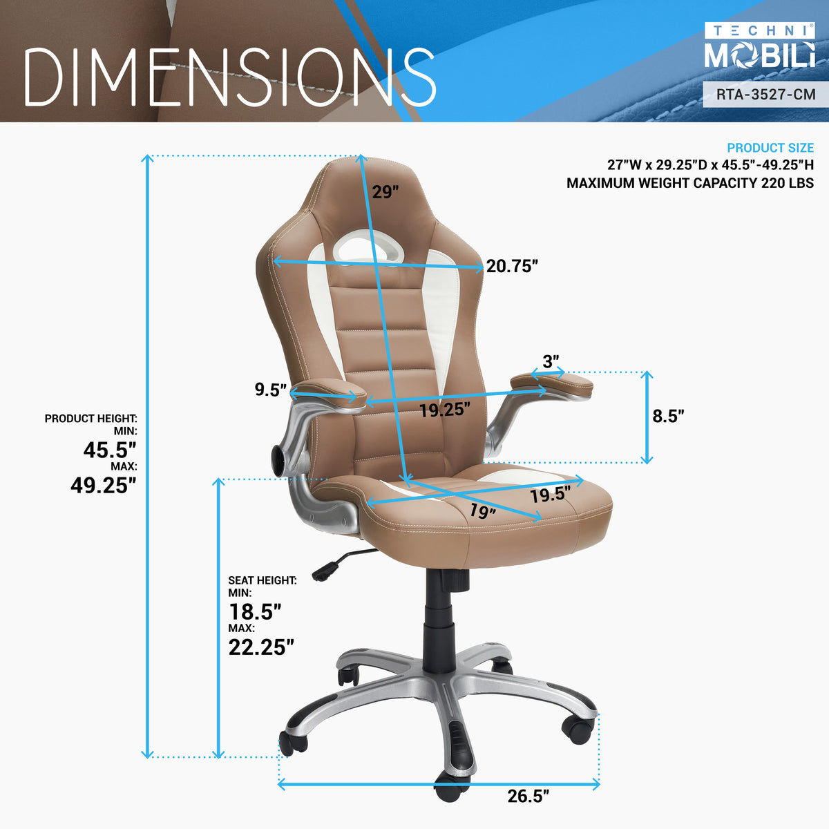 Techni Mobili High Back Executive Sport Race Office Chair, Camel, Flip-Up Arms