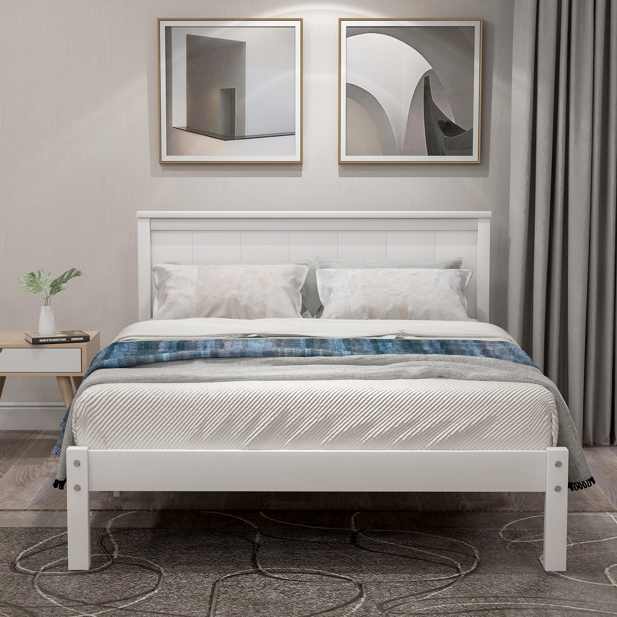 Platform Bed Frame with Headboard, Wood Slat Support, Twin, White