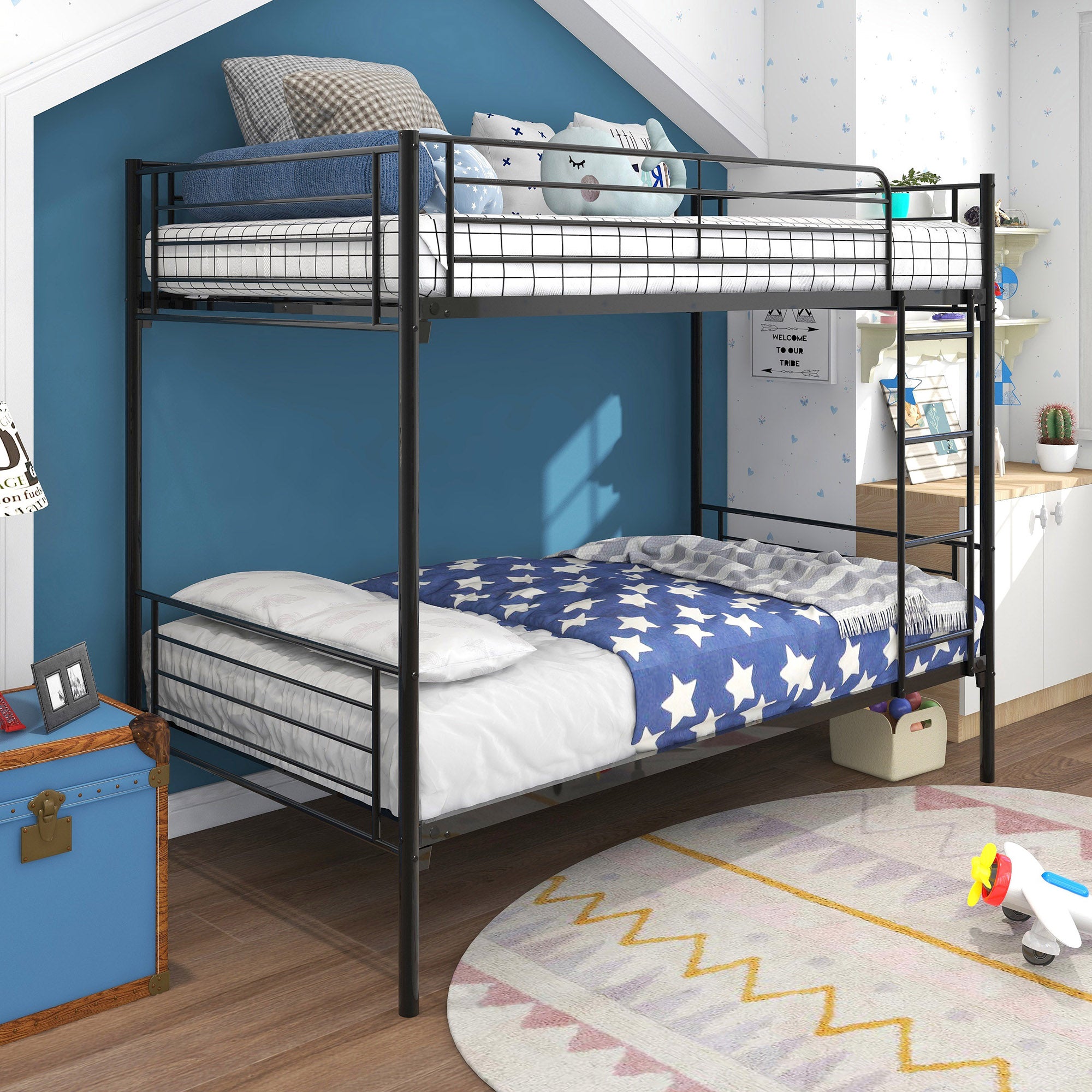 Twin Over Twin Bunk Bed, Metal Frame with Ladder