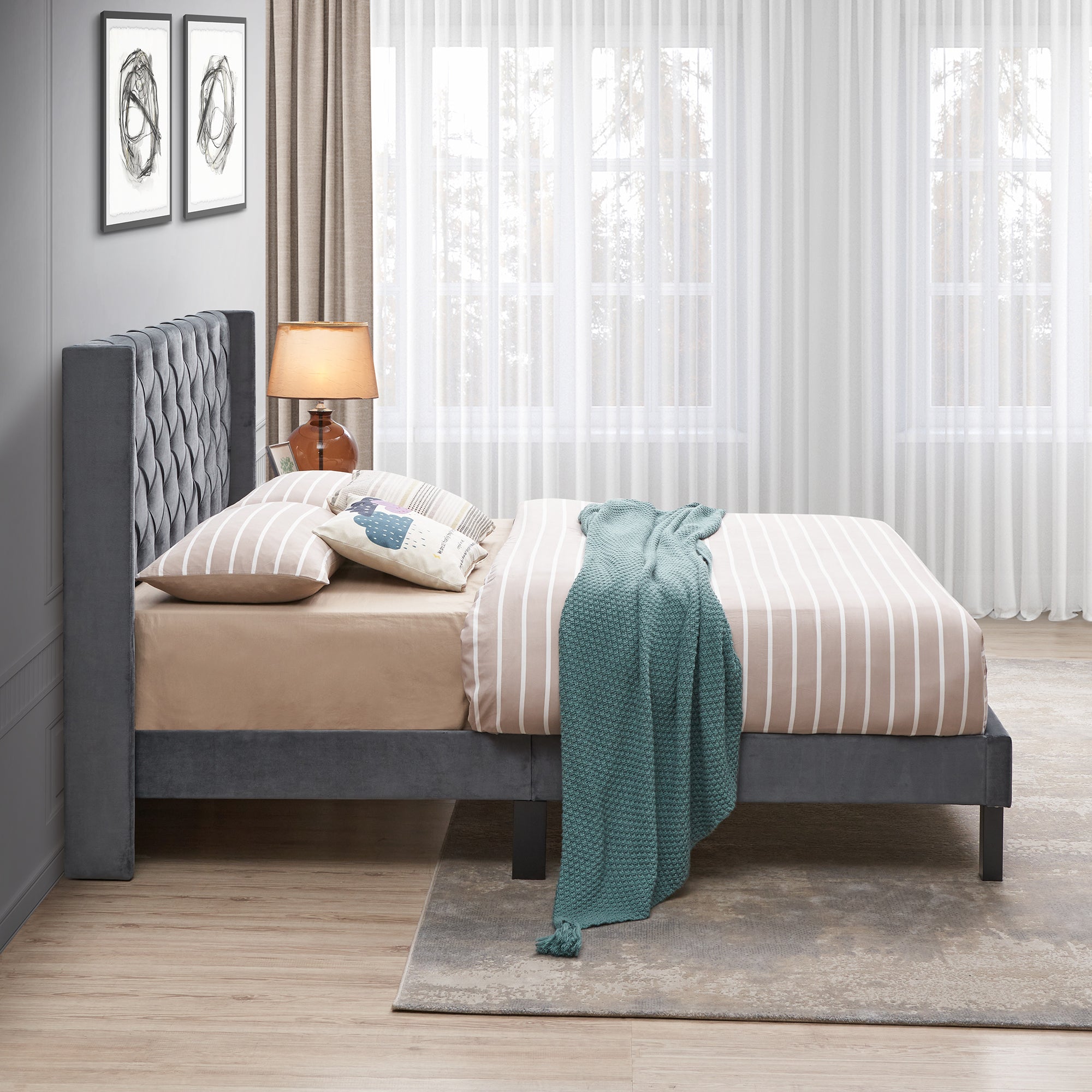 Velvet Button Tufted Upholstered Bed
