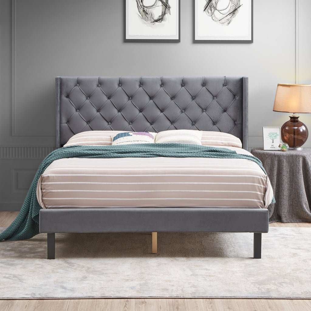 Velvet Button Tufted Upholstered Bed