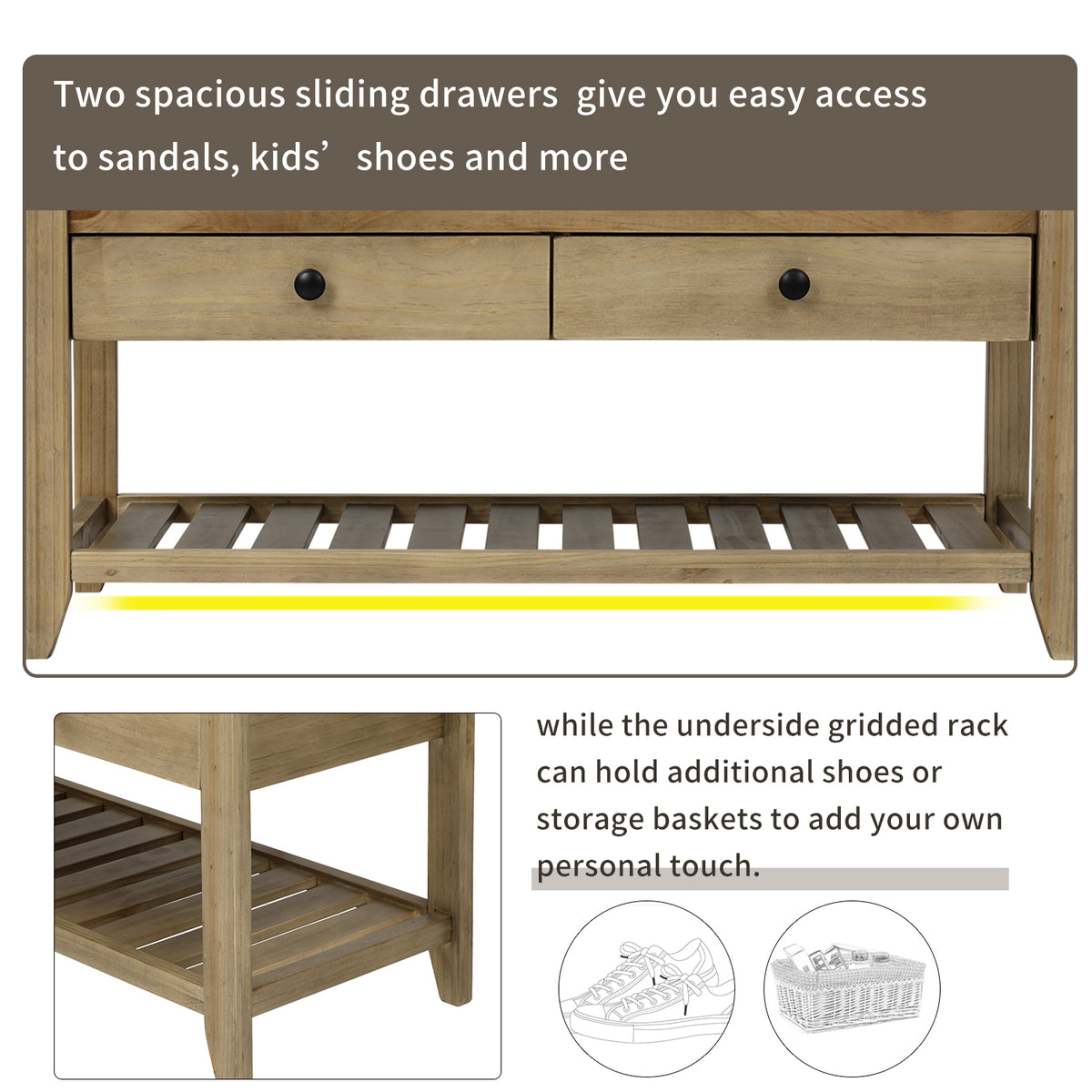 TREXM Shoe Rack with Cushioned Seat and Drawers