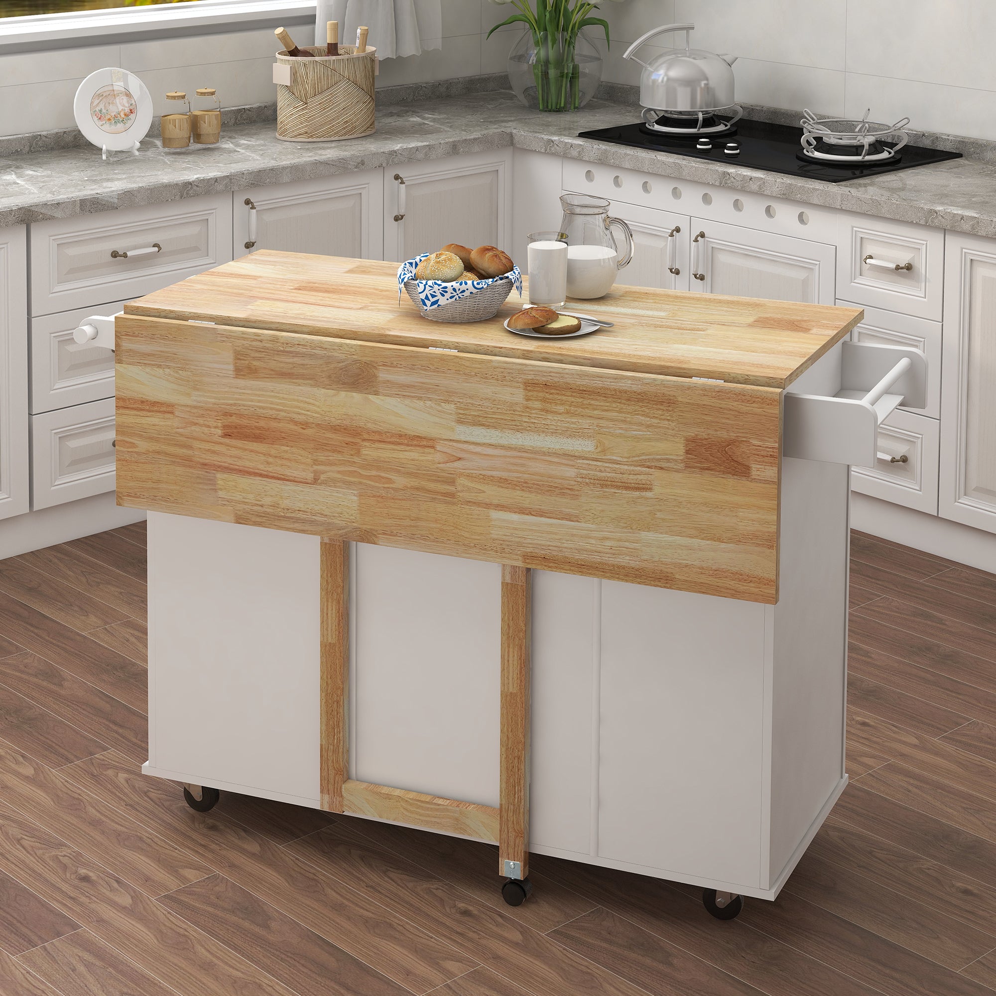 Kitchen Island with Spice Rack and Towel Rack - White