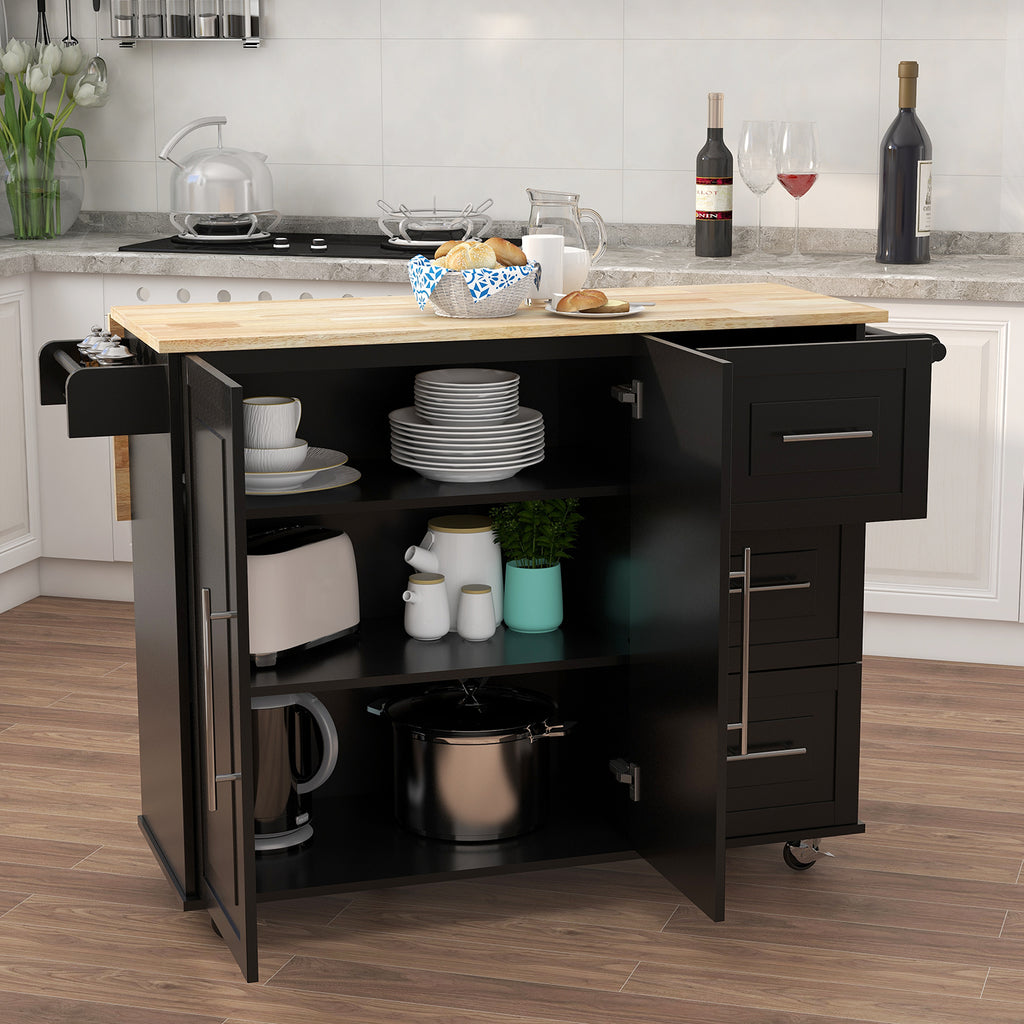 Kitchen Island with Spice Rack and Towel Rack - Black