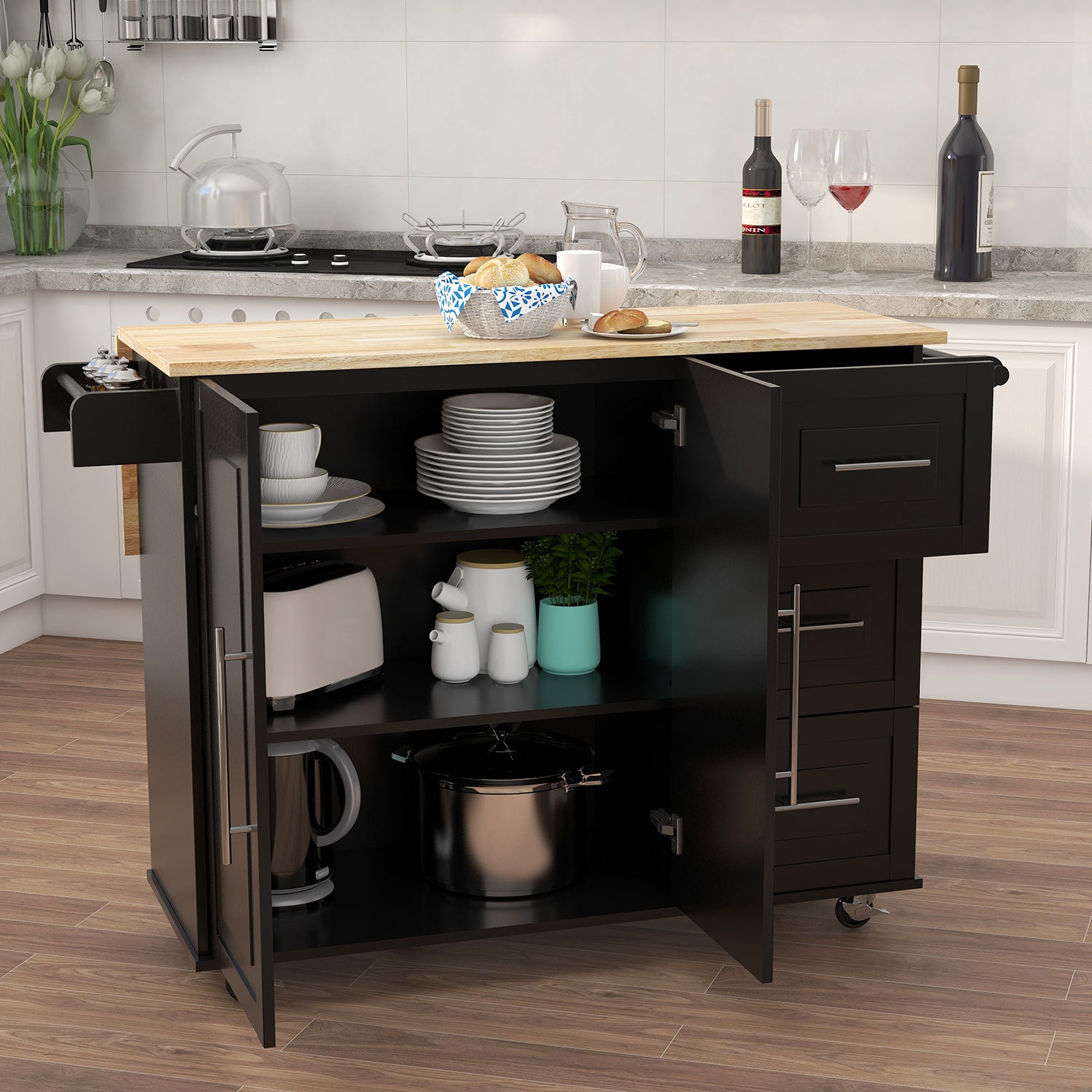 Kitchen Island with Spice Rack and Towel Rack - Black