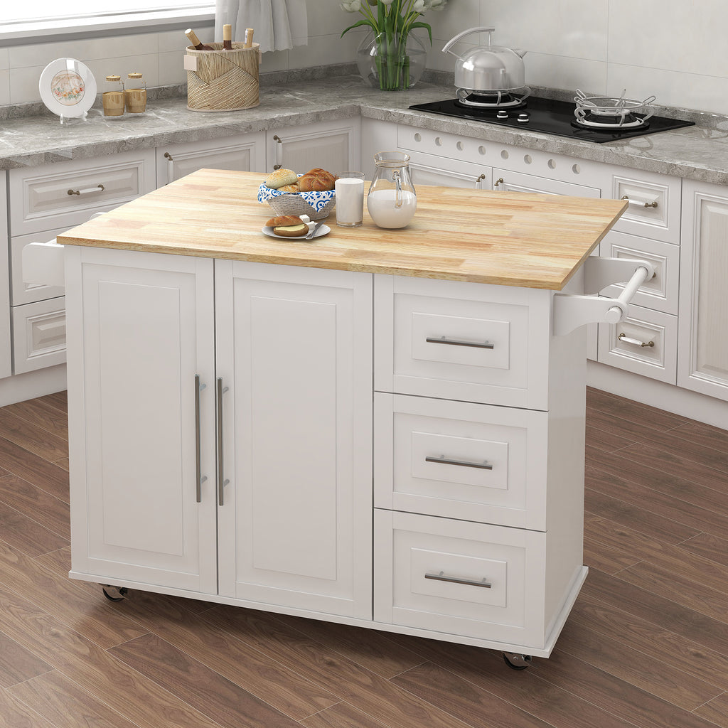 Kitchen Island with Spice Rack and Towel Rack - White
