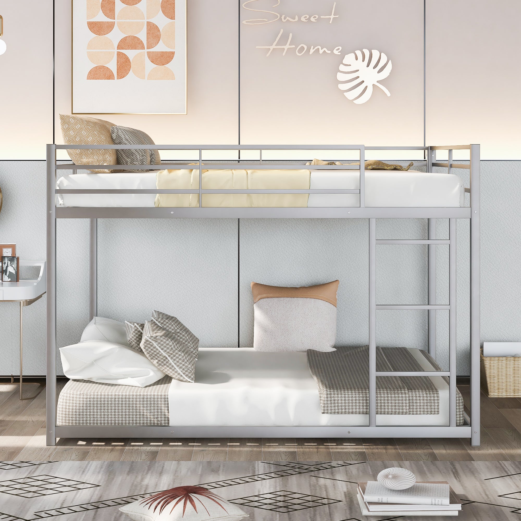 Full Over Full Metal Bunk Bed with Ladder in Silver
