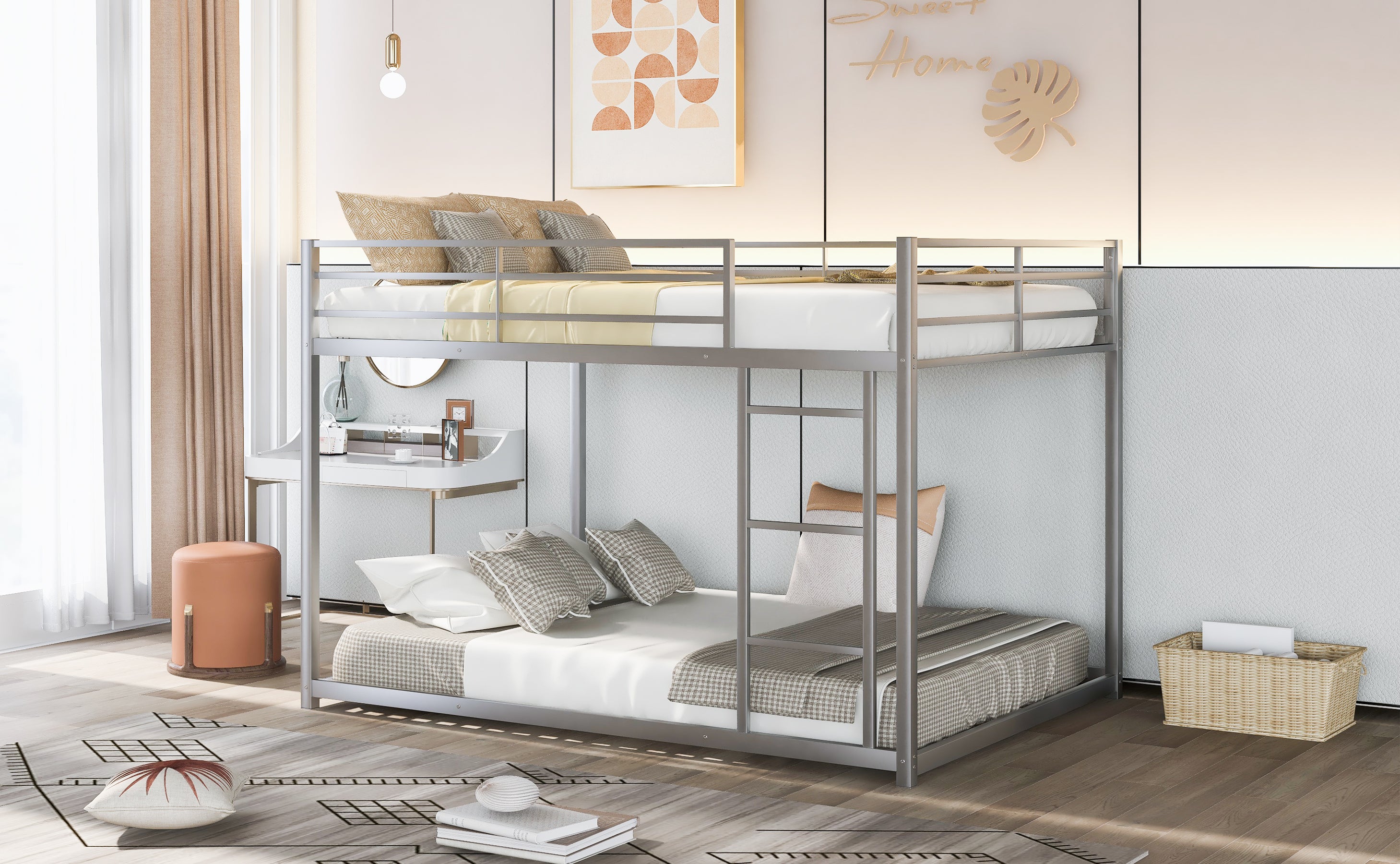 Full Over Full Metal Bunk Bed with Ladder in Silver
