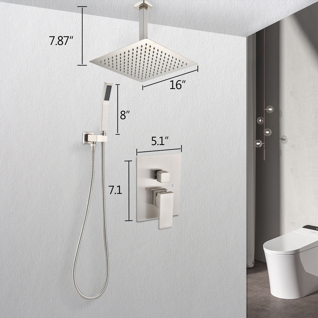 Ceiling Mounted Shower System Combo Set with Handheld and 16" Shower Head