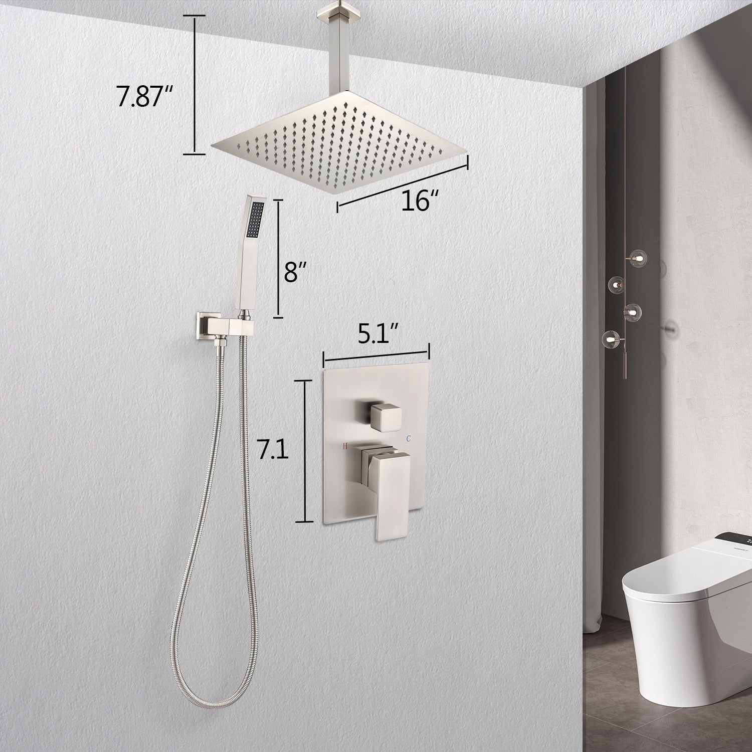 Ceiling Mounted Shower System Combo Set with Handheld and 16" Shower Head