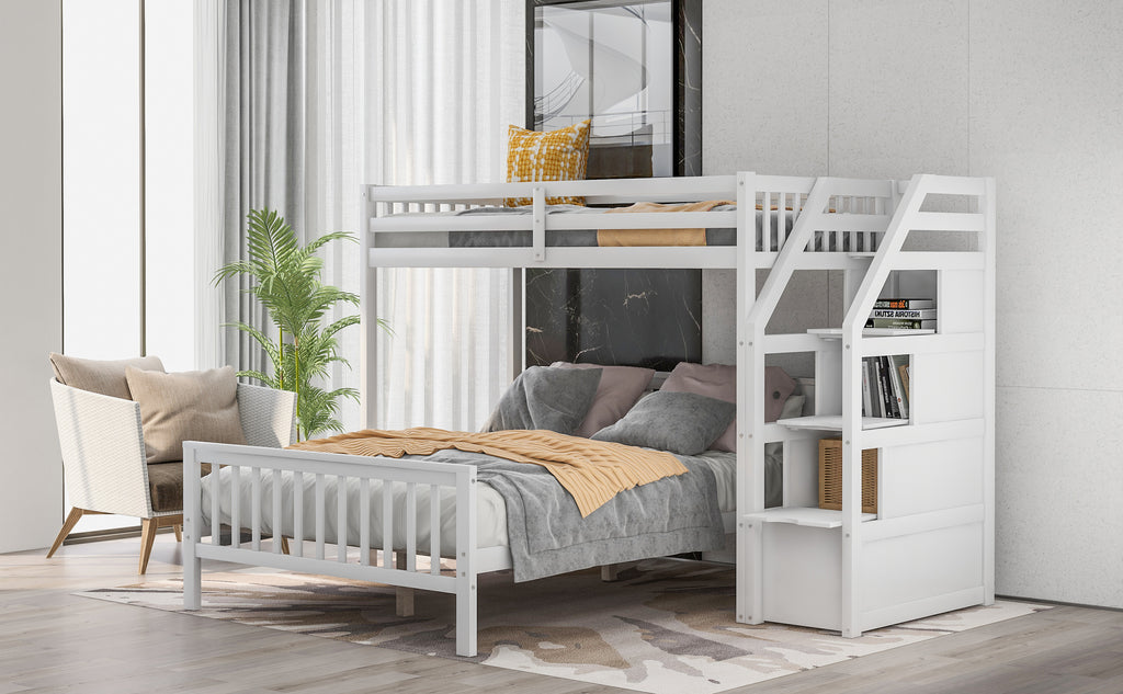 Twin Over Full Loft Bed with Staircase, White