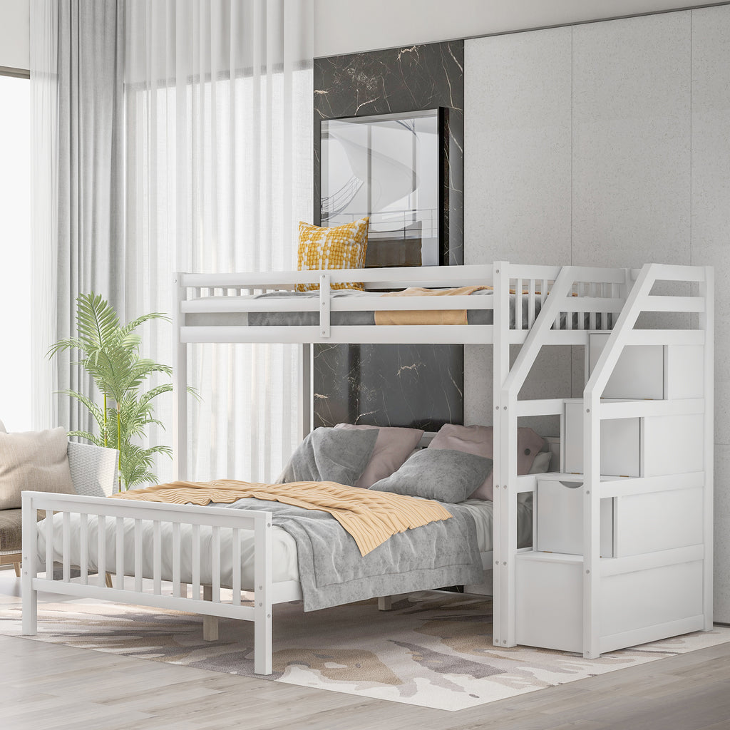Twin Over Full Loft Bed with Staircase, White