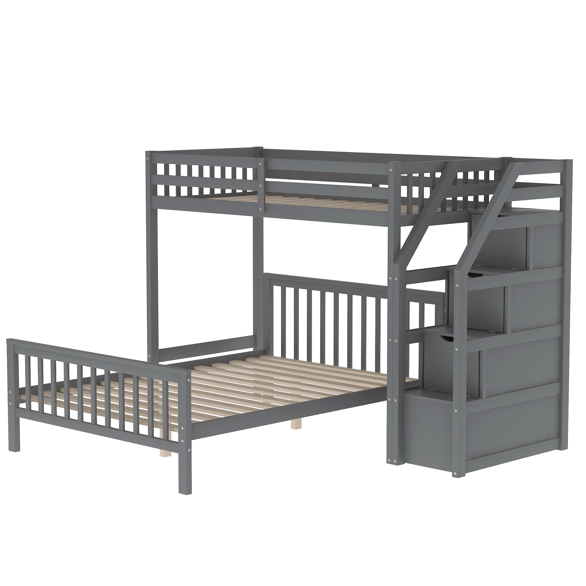Twin Over Full Loft Bed with Staircase, Gray