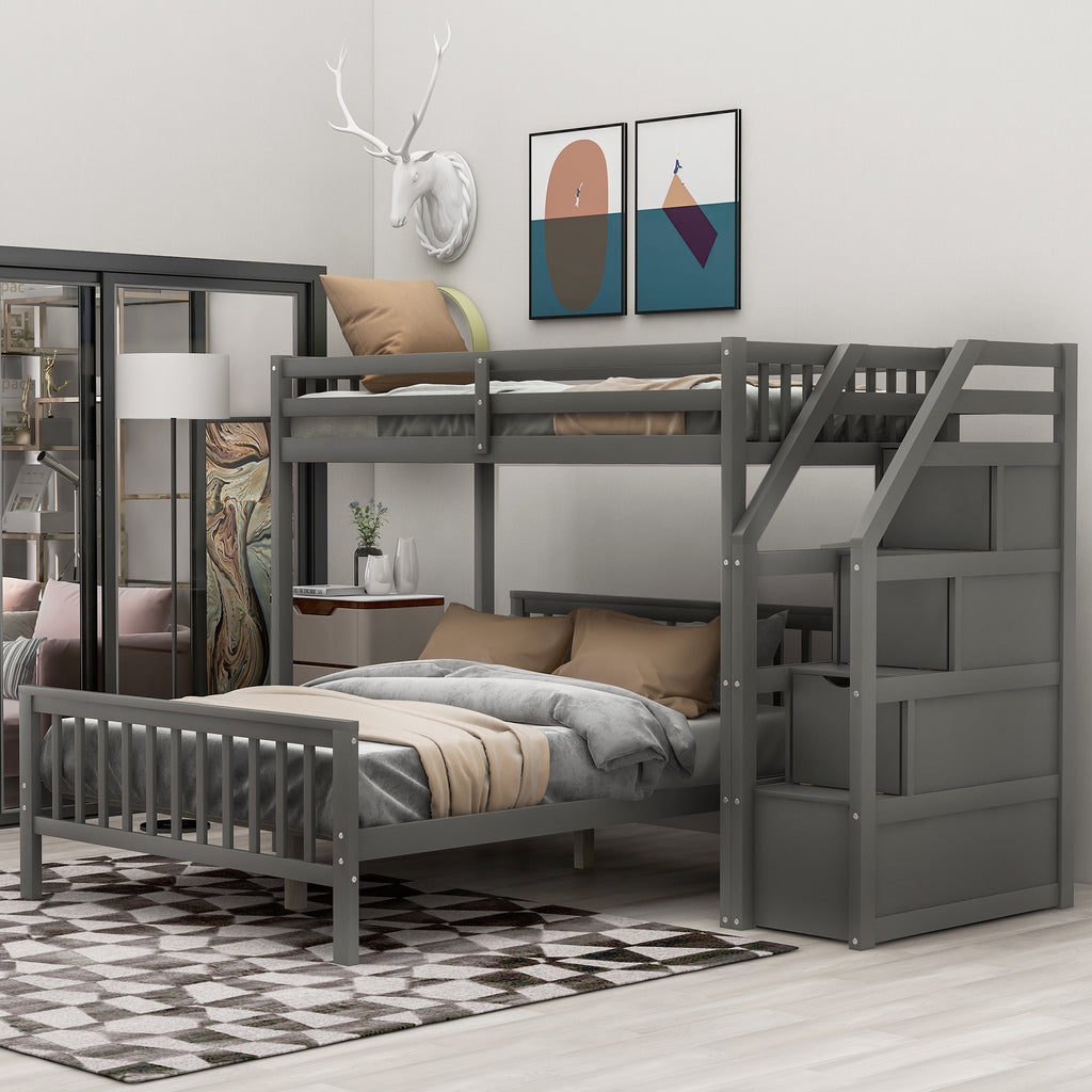 Twin Over Full Loft Bed with Staircase, Gray