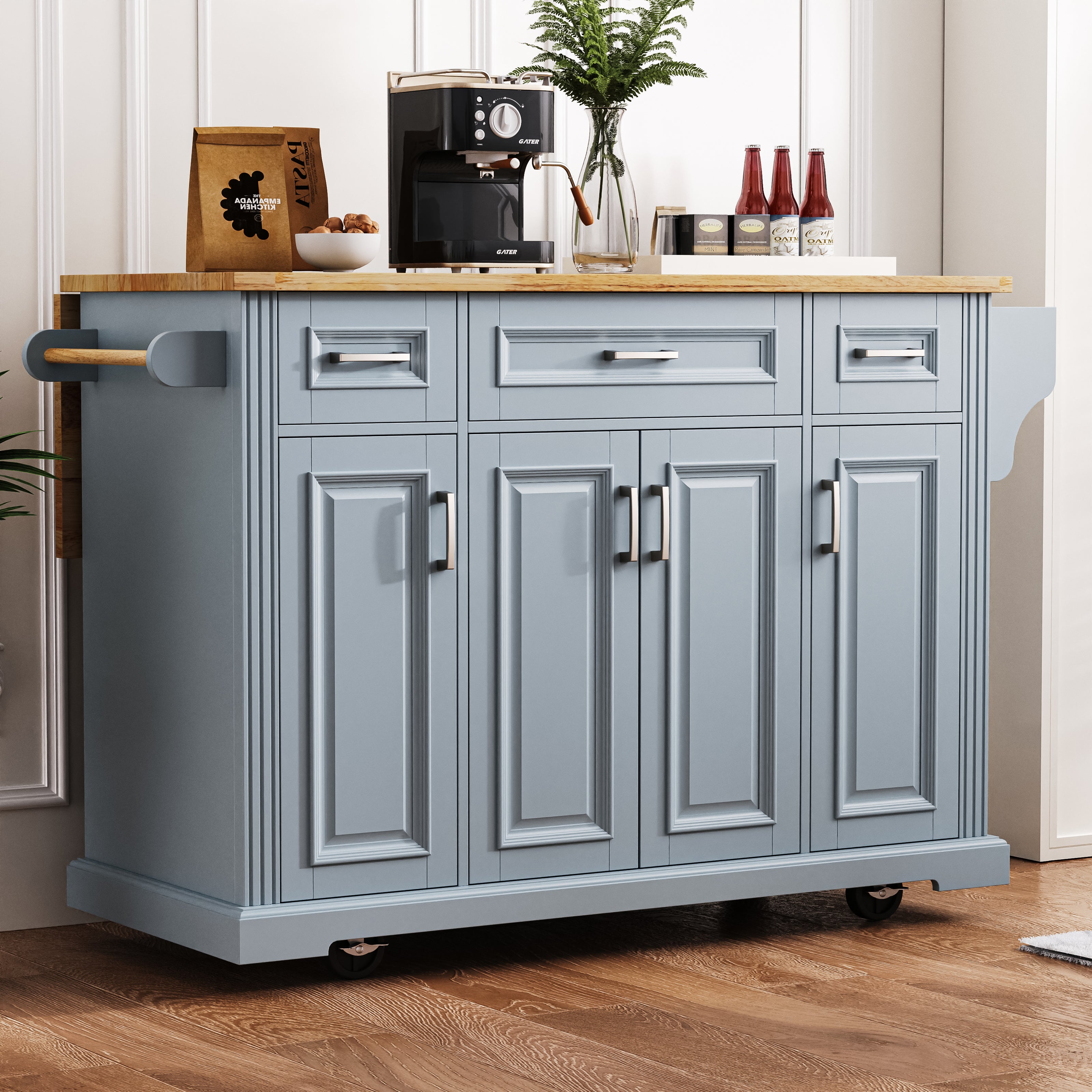 K&K 54-Inch Large Kitchen Island with Rubber Wood Drop Leaf