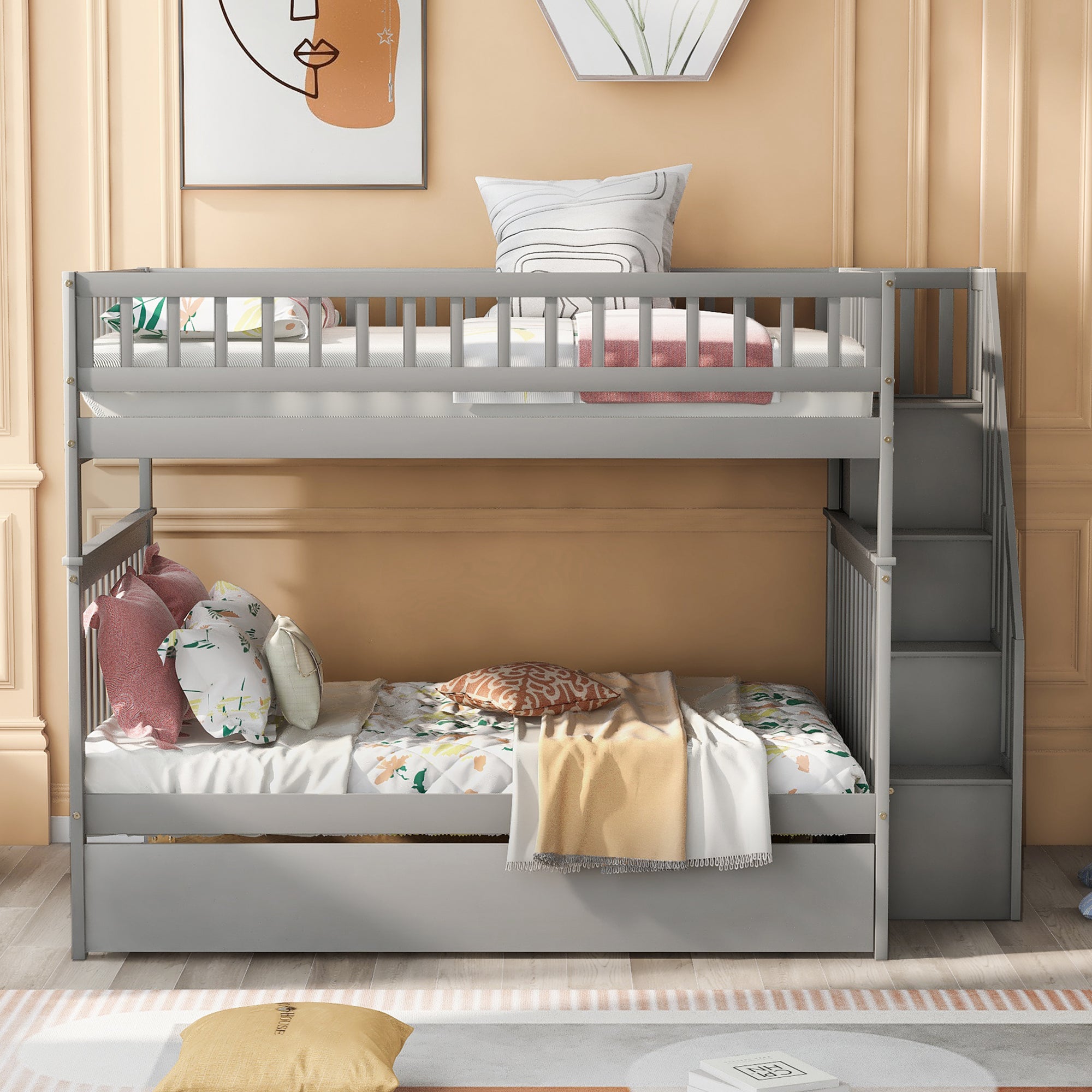 Full Over Full Bunk Bed with Trundle and Staircase