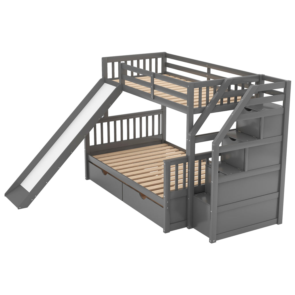 Twin Over Full Bunk Bed with Drawers, Storage and Slide