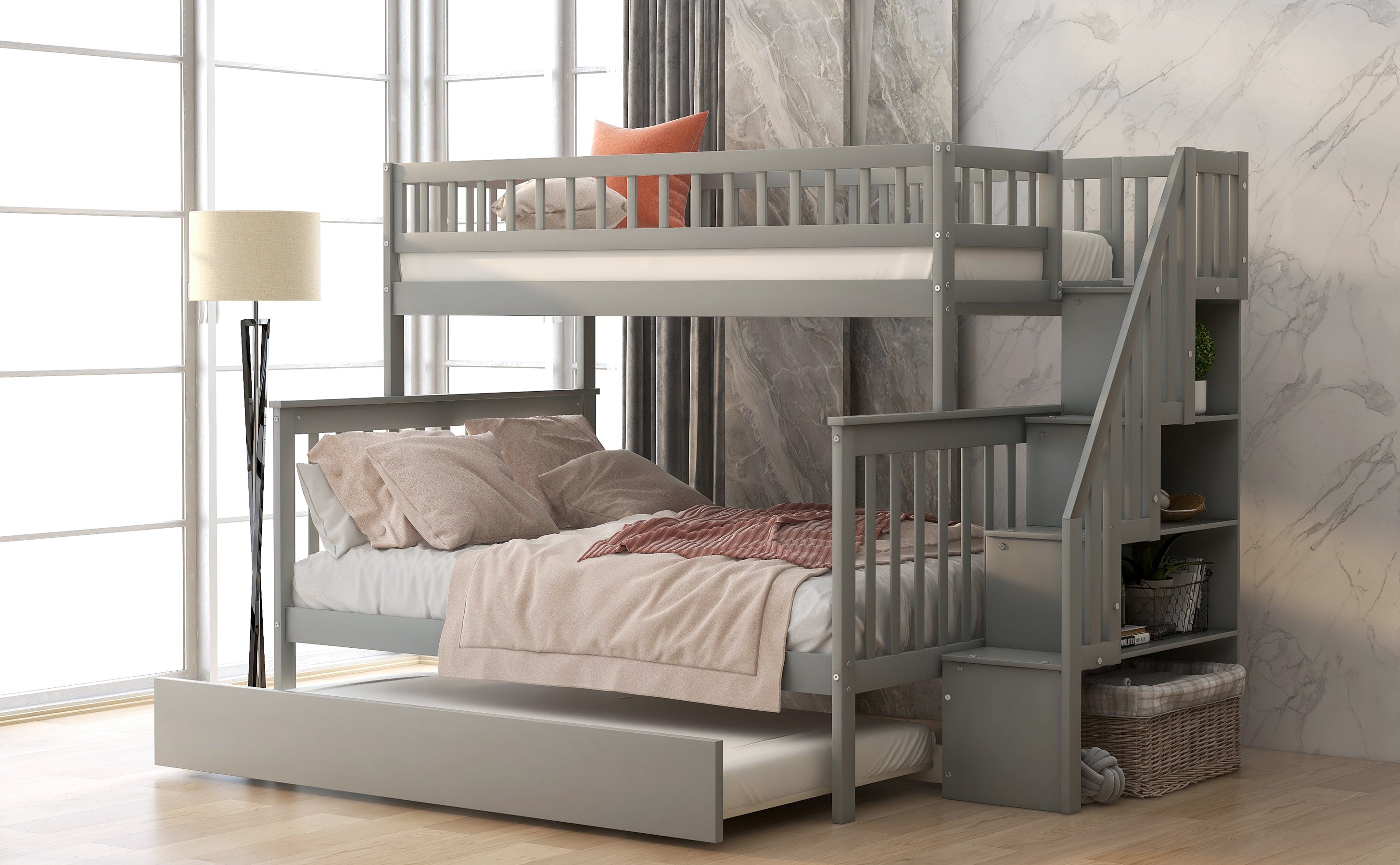 Twin Over Full Bunk Bed with Trundle and Staircase