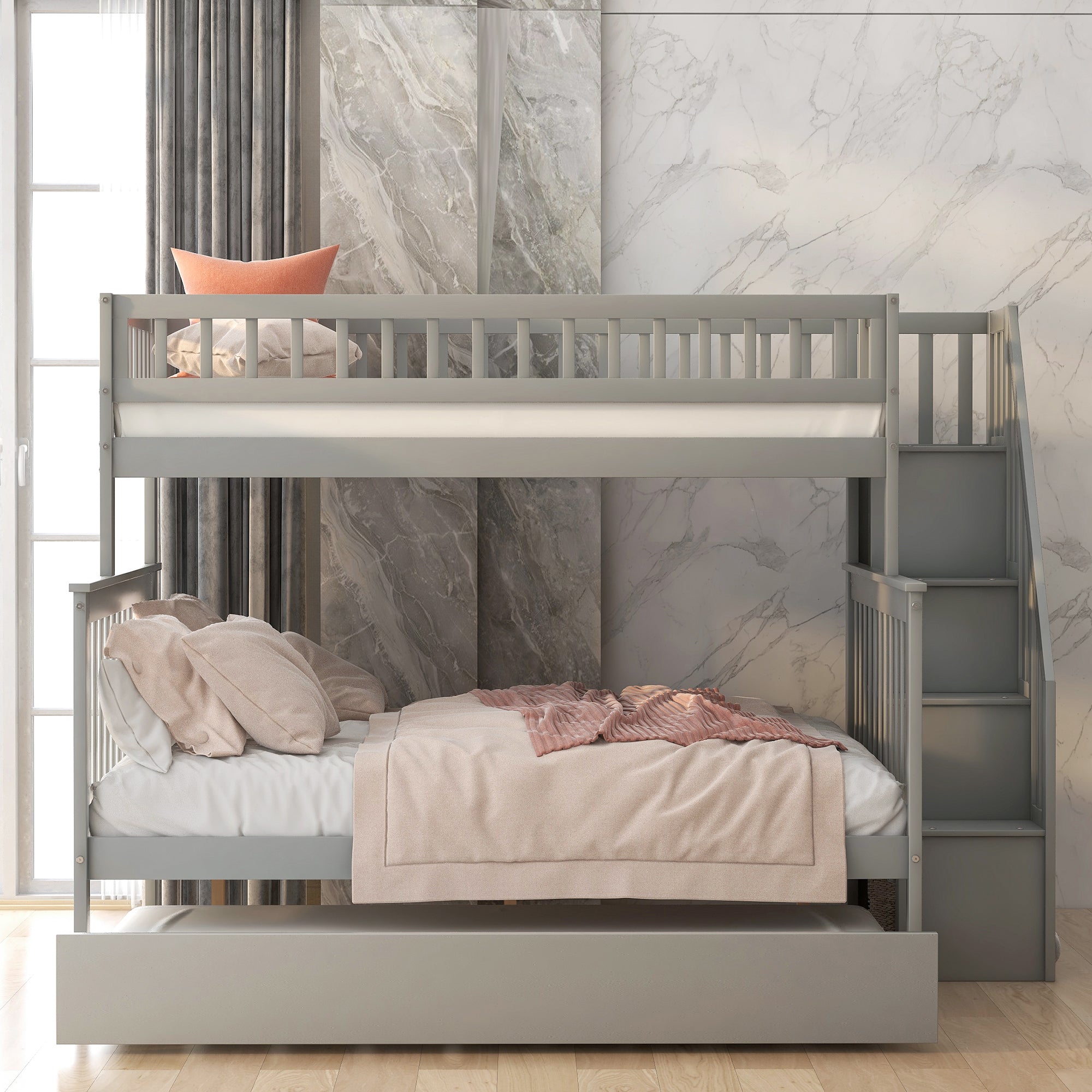 Twin Over Full Bunk Bed with Trundle and Staircase