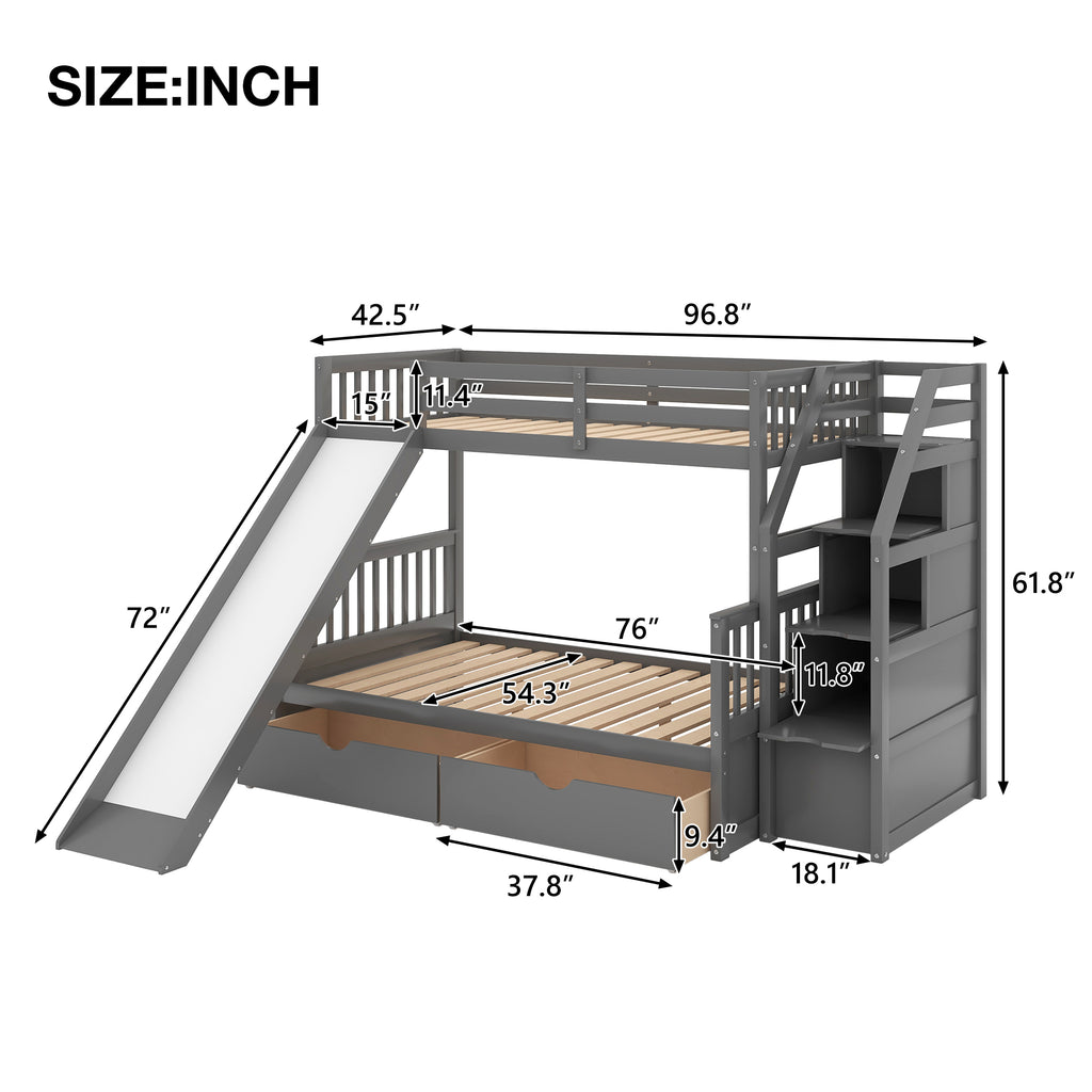 Twin Over Full Bunk Bed with Drawers, Storage and Slide