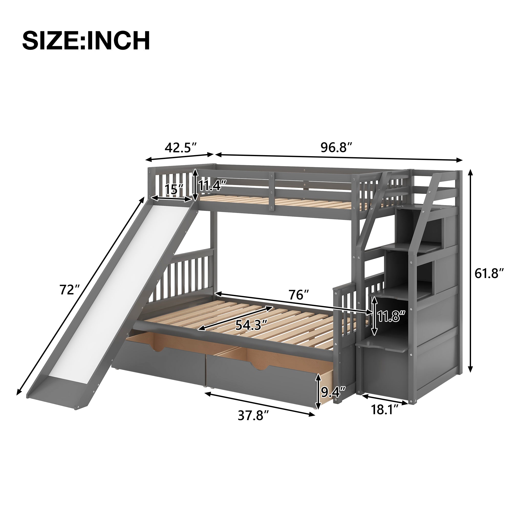 Twin Over Full Bunk Bed with Drawers, Storage and Slide