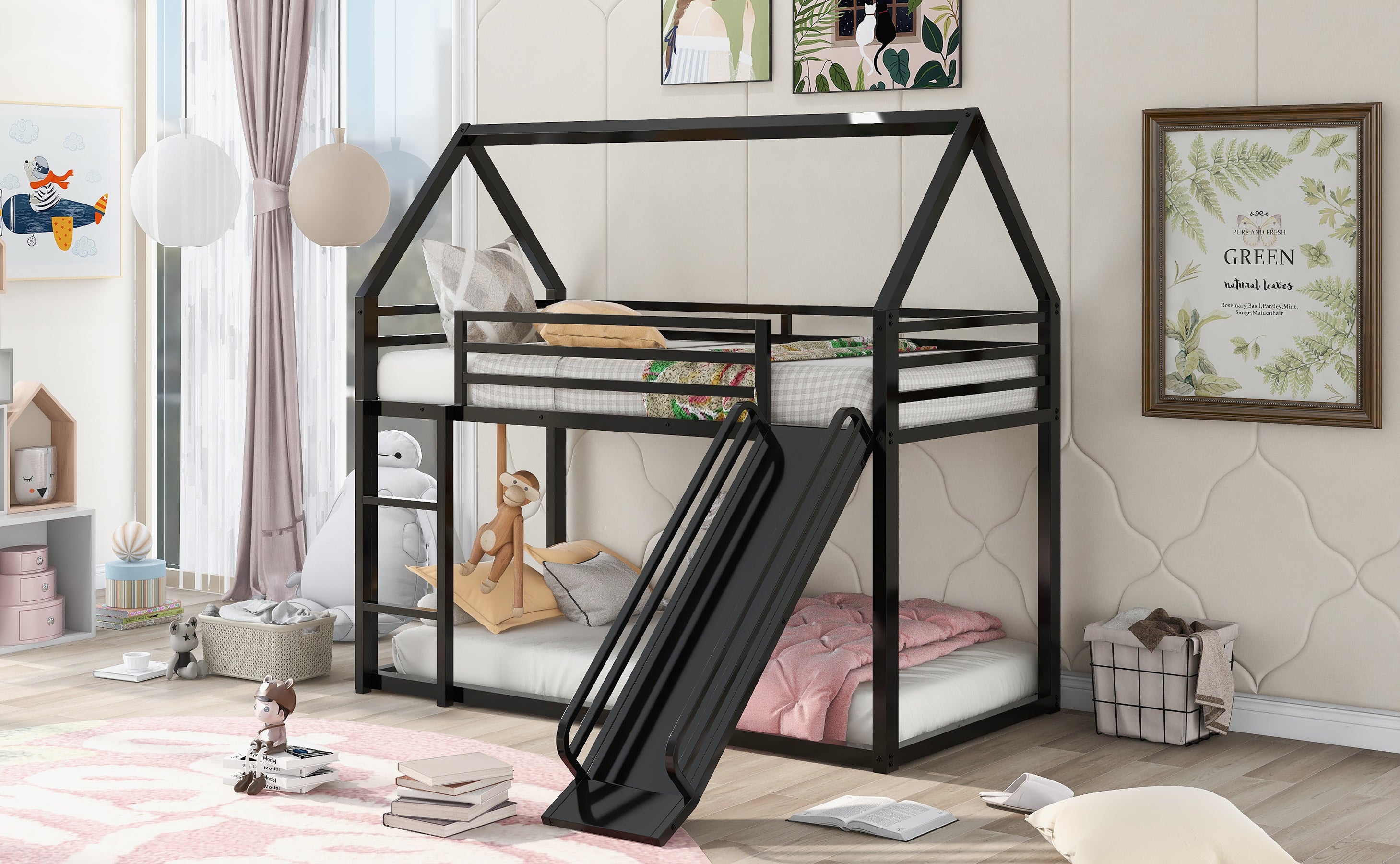 Twin Over Twin House Bunk Bed with Ladder and Slide