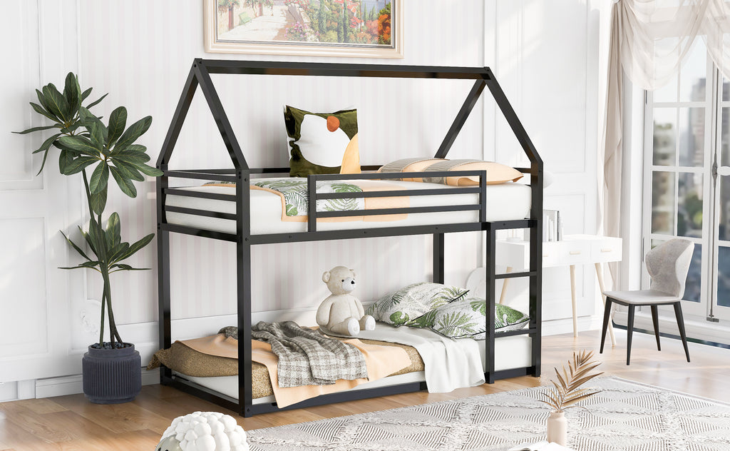 Twin Over Twin House Bunk Bed with Built-in Ladder