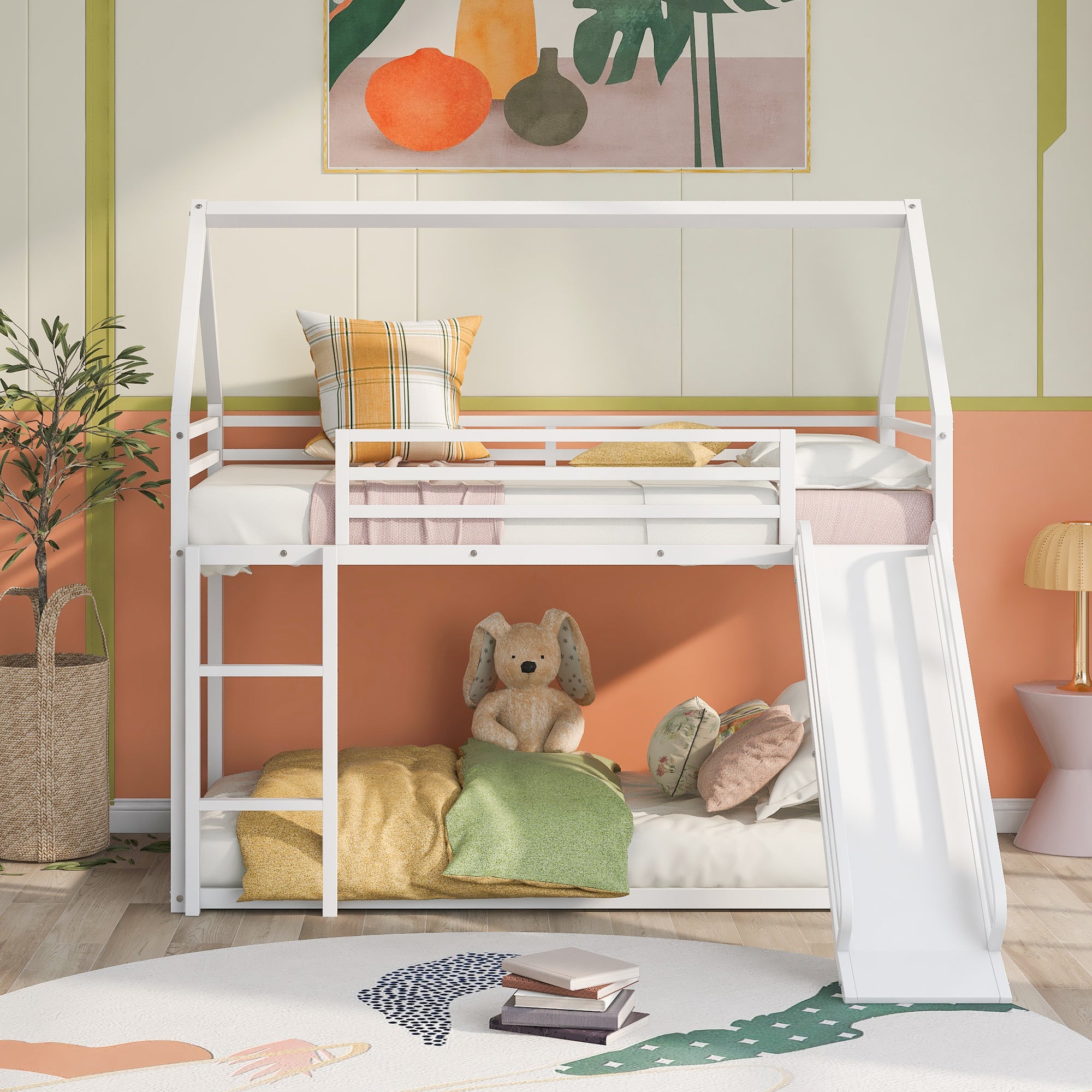 Twin Over Twin House Bunk Bed with Ladder and Slide