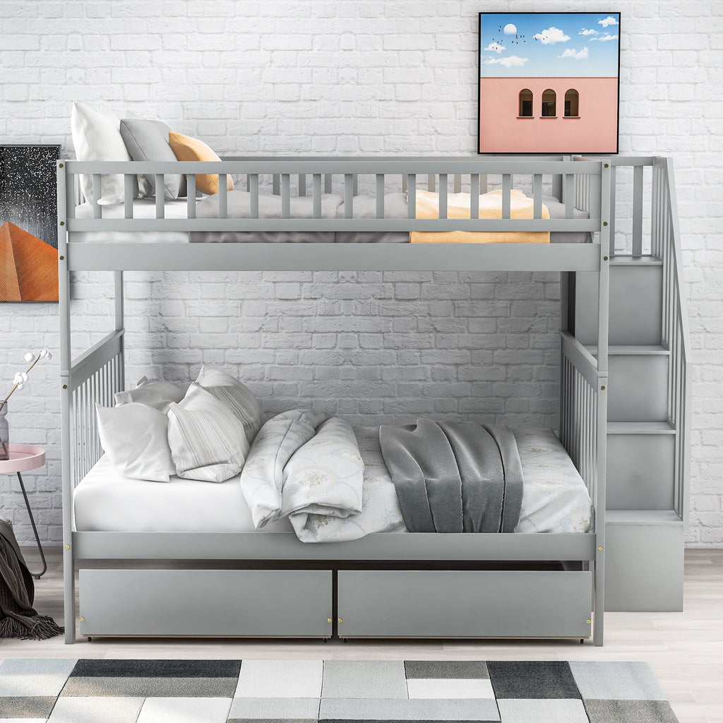 Full Over Full Bunk Bed with Two Drawers and Storage