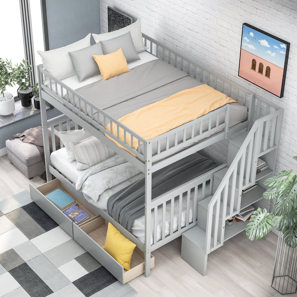 Full Over Full Bunk Bed with Two Drawers and Storage