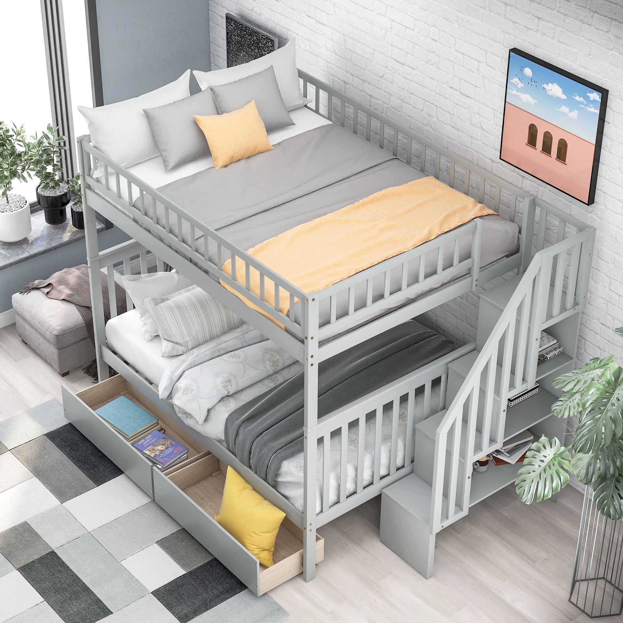 Full Over Full Bunk Bed with Two Drawers and Storage