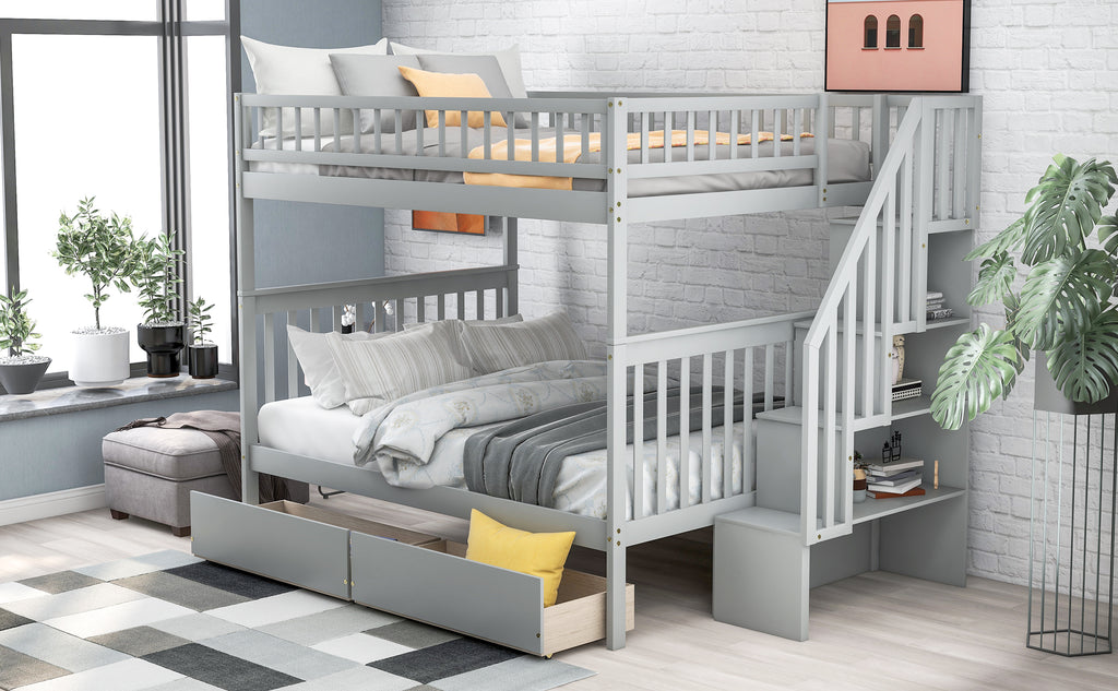 Full Over Full Bunk Bed with Two Drawers and Storage