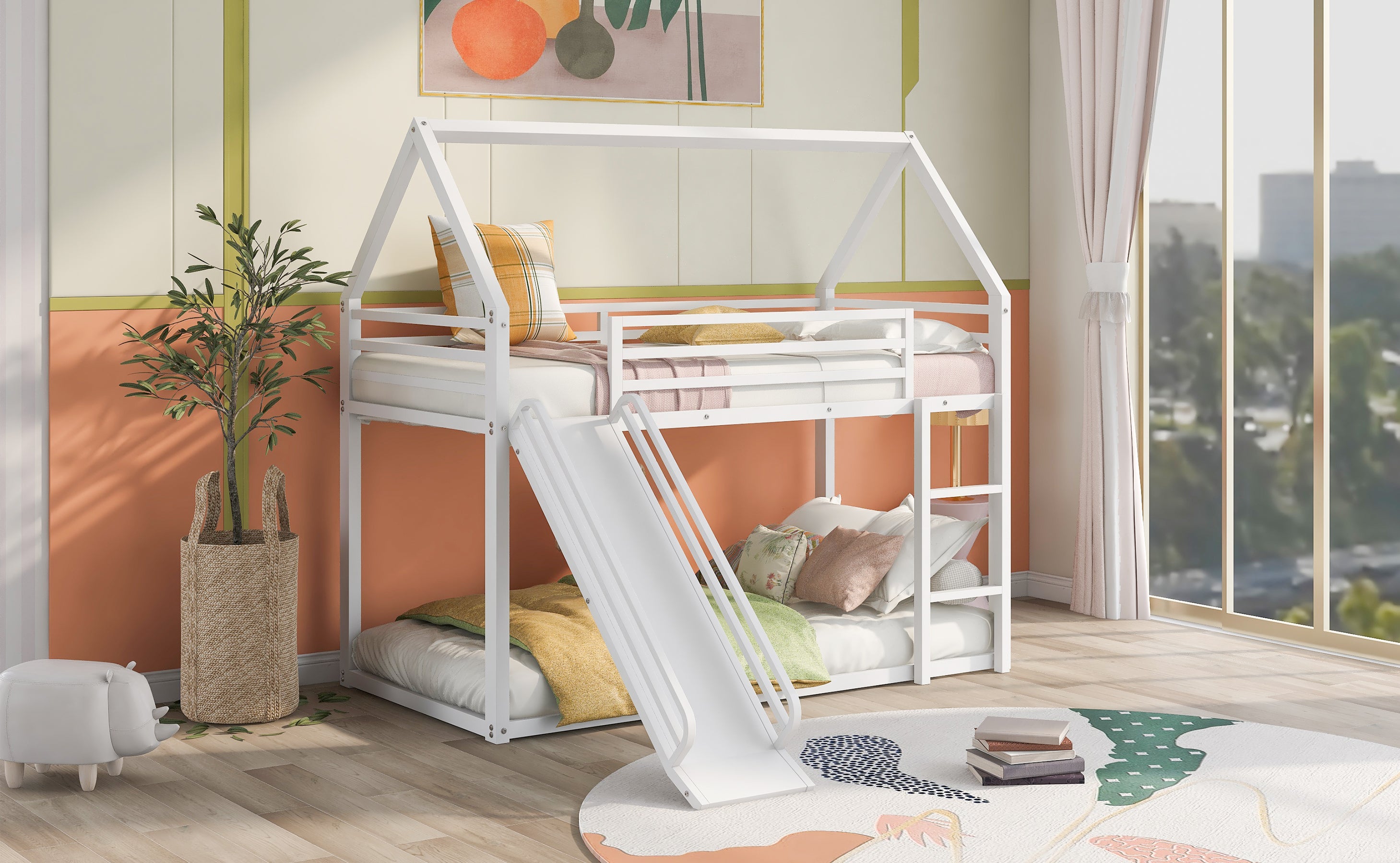 Twin Over Twin House Bunk Bed with Ladder and Slide