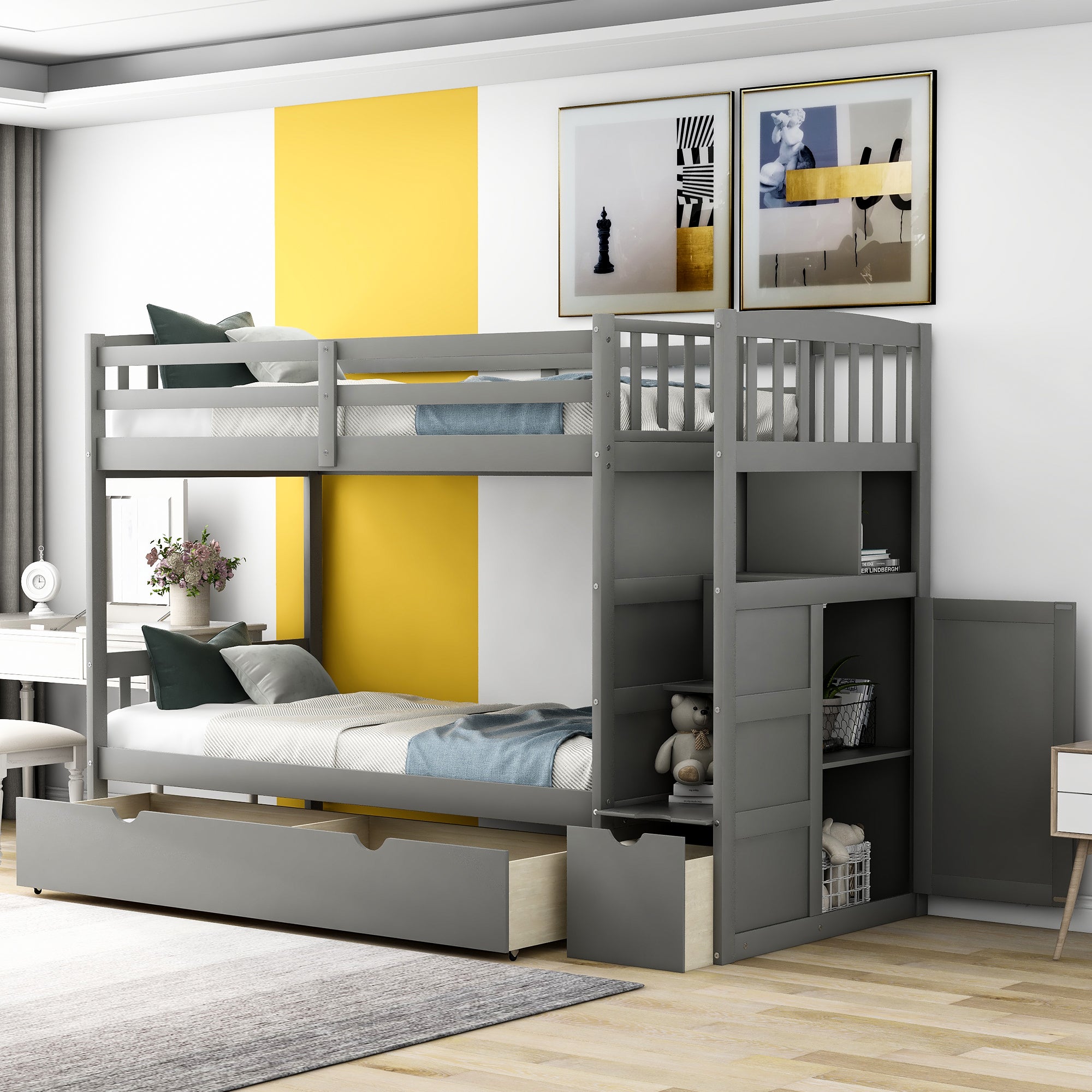 Twin Over Full/Twin Bunk Bed, Convertible Bottom Bed, Storage Shelves and Drawers