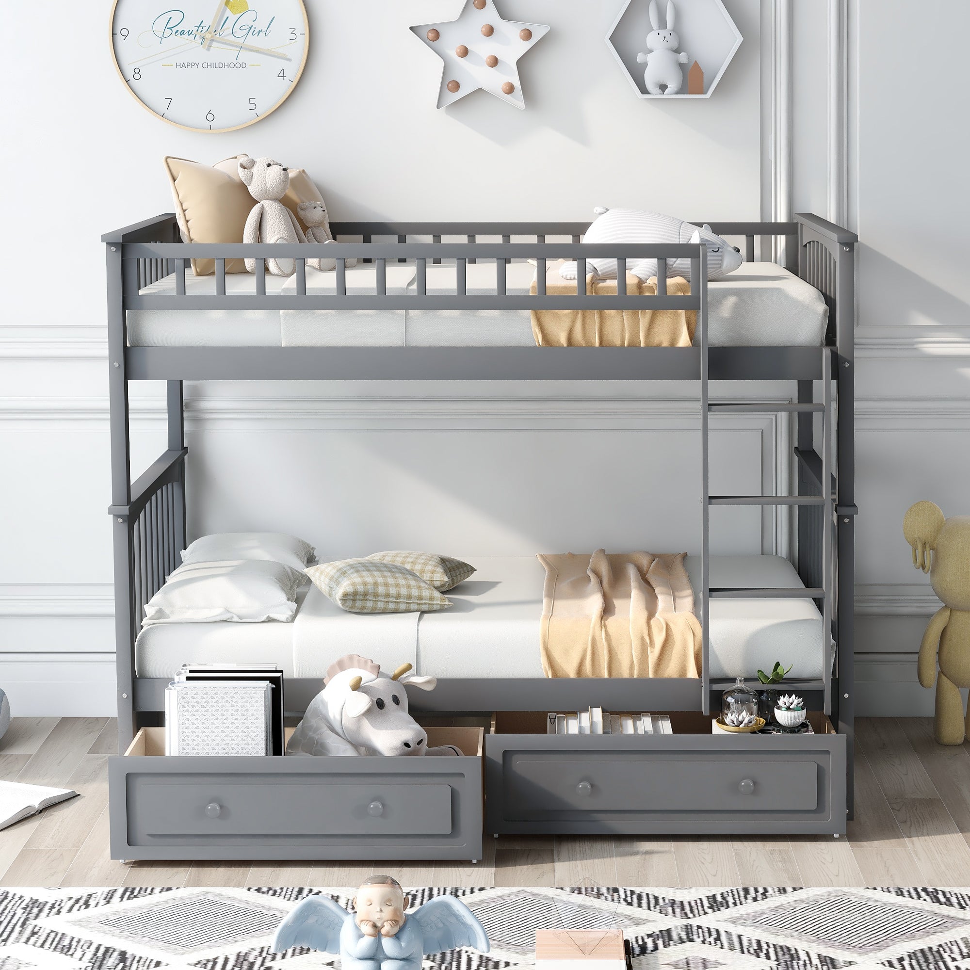 Twin Over Twin Bunk Bed with Drawers - Gray