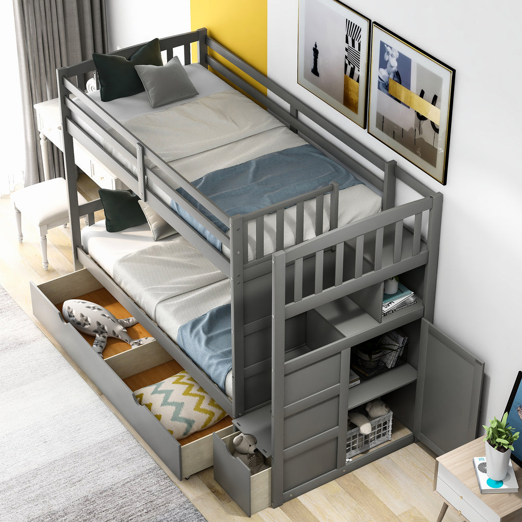 Twin Over Full/Twin Bunk Bed, Convertible Bottom Bed, Storage Shelves and Drawers