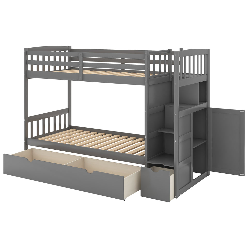 Twin Over Full/Twin Bunk Bed, Convertible Bottom Bed, Storage Shelves and Drawers