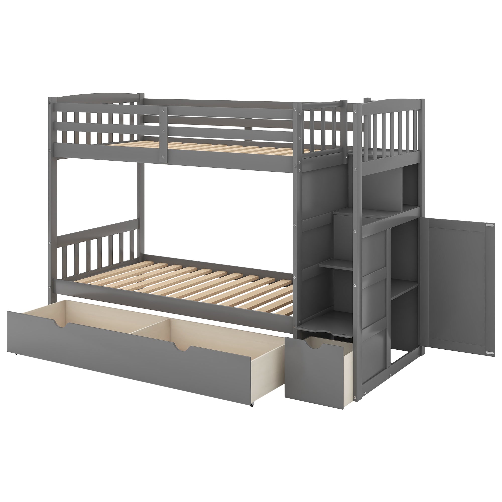 Twin Over Full/Twin Bunk Bed, Convertible Bottom Bed, Storage Shelves and Drawers