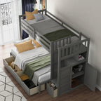 Twin Over Full/Twin Bunk Bed, Convertible Bottom Bed, Storage Shelves and Drawers