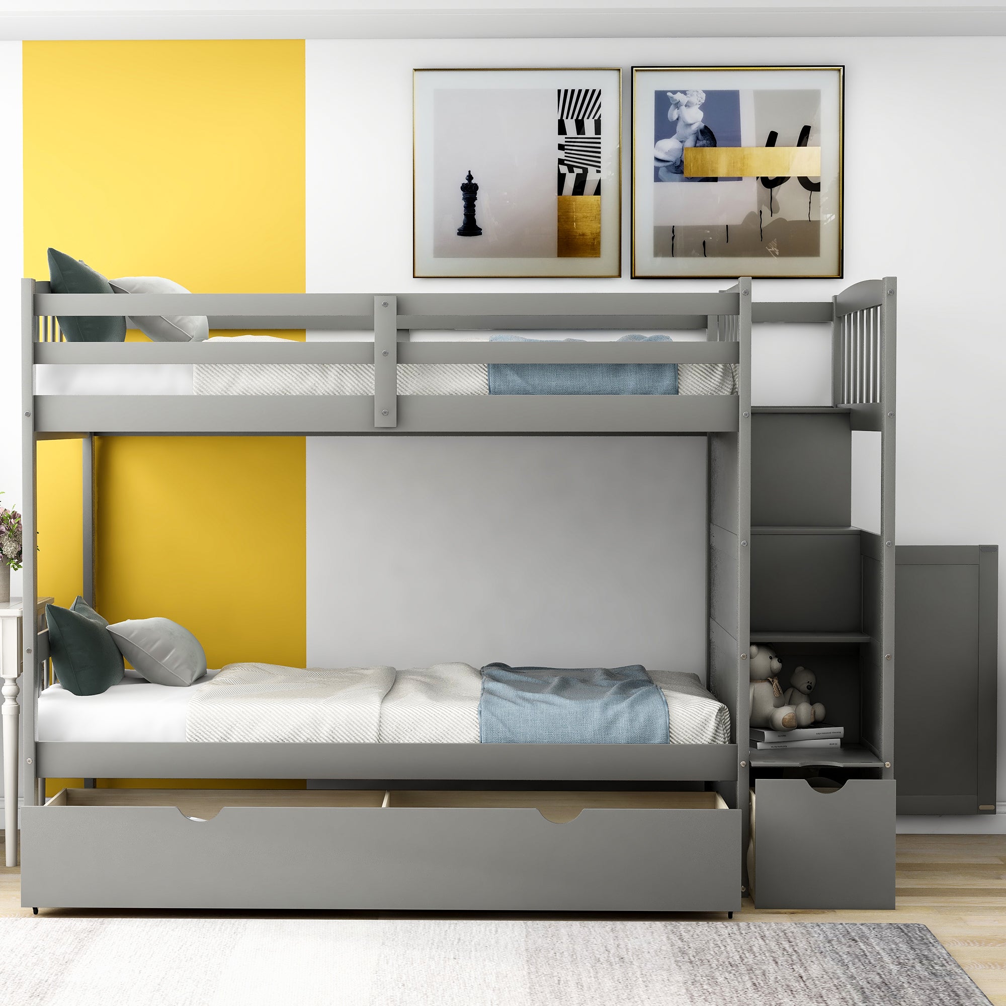 Twin Over Full/Twin Bunk Bed, Convertible Bottom Bed, Storage Shelves and Drawers