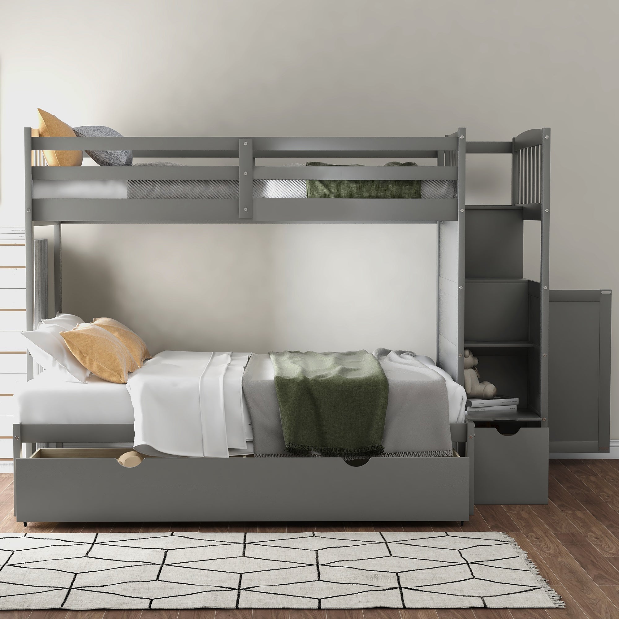Twin Over Full/Twin Bunk Bed, Convertible Bottom Bed, Storage Shelves and Drawers