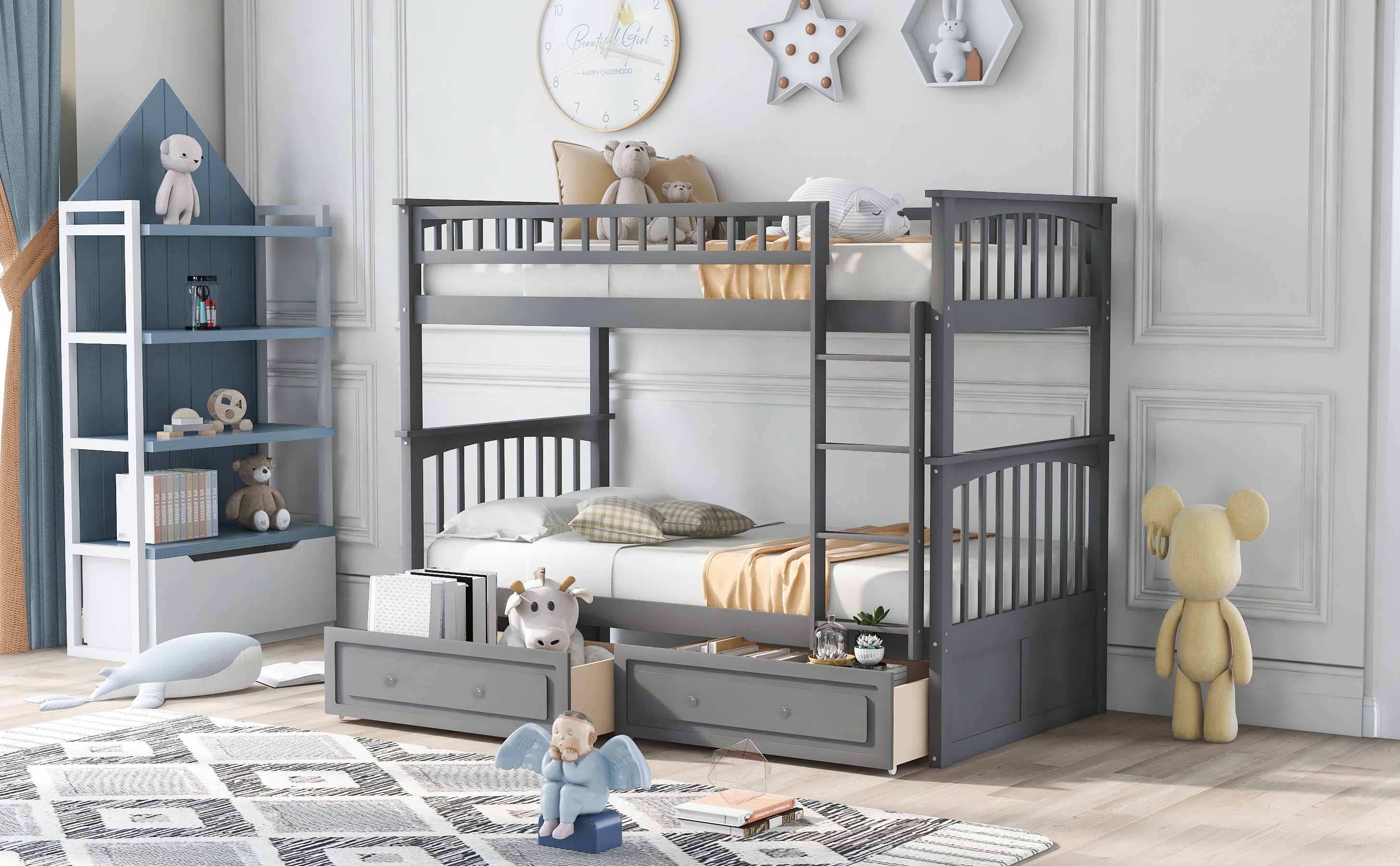 Twin Over Twin Bunk Bed with Drawers - Gray